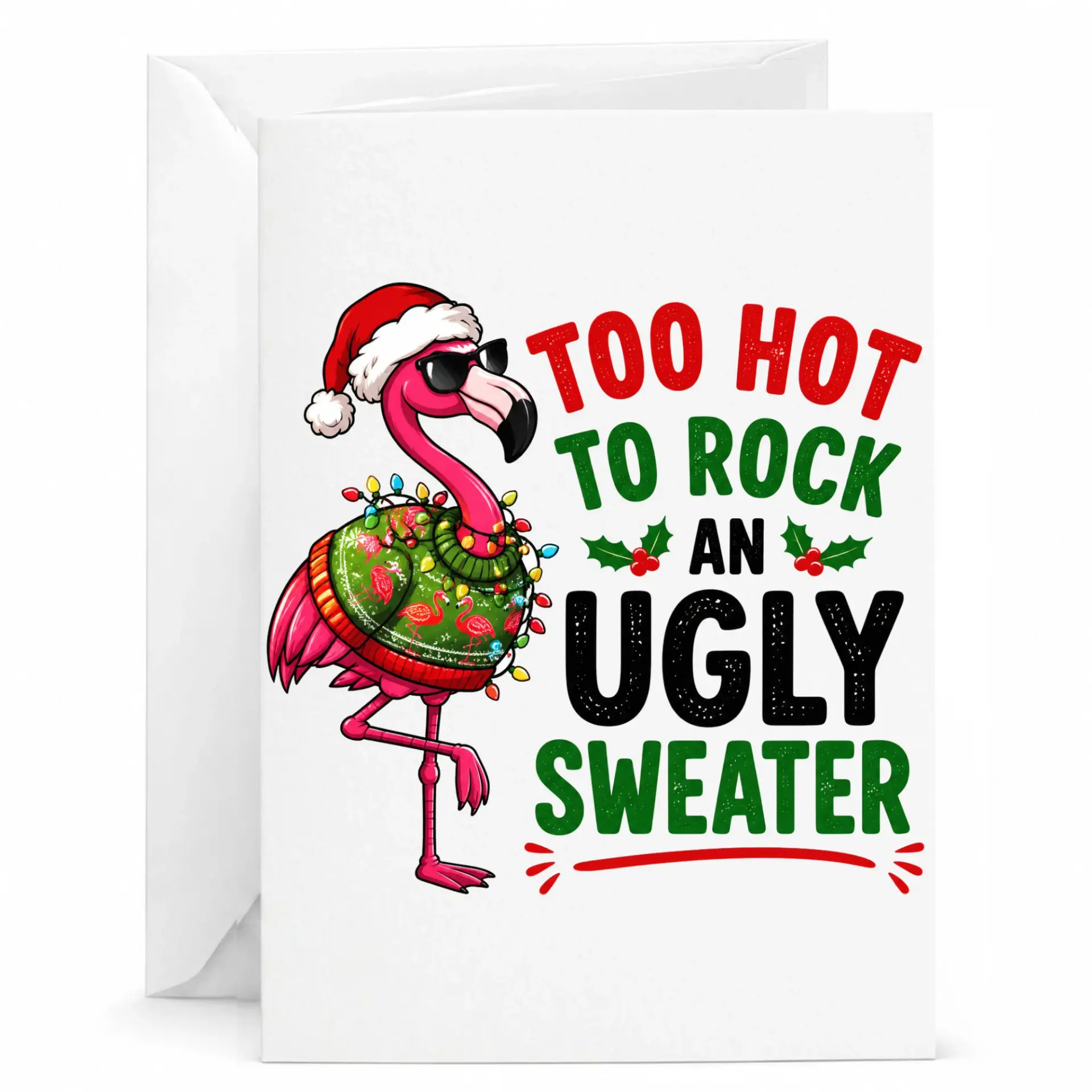 Funny Flamingo Holiday Greeting Card with Envelope, Humorous Ugly Sweater Flamingo Design for Winter Season