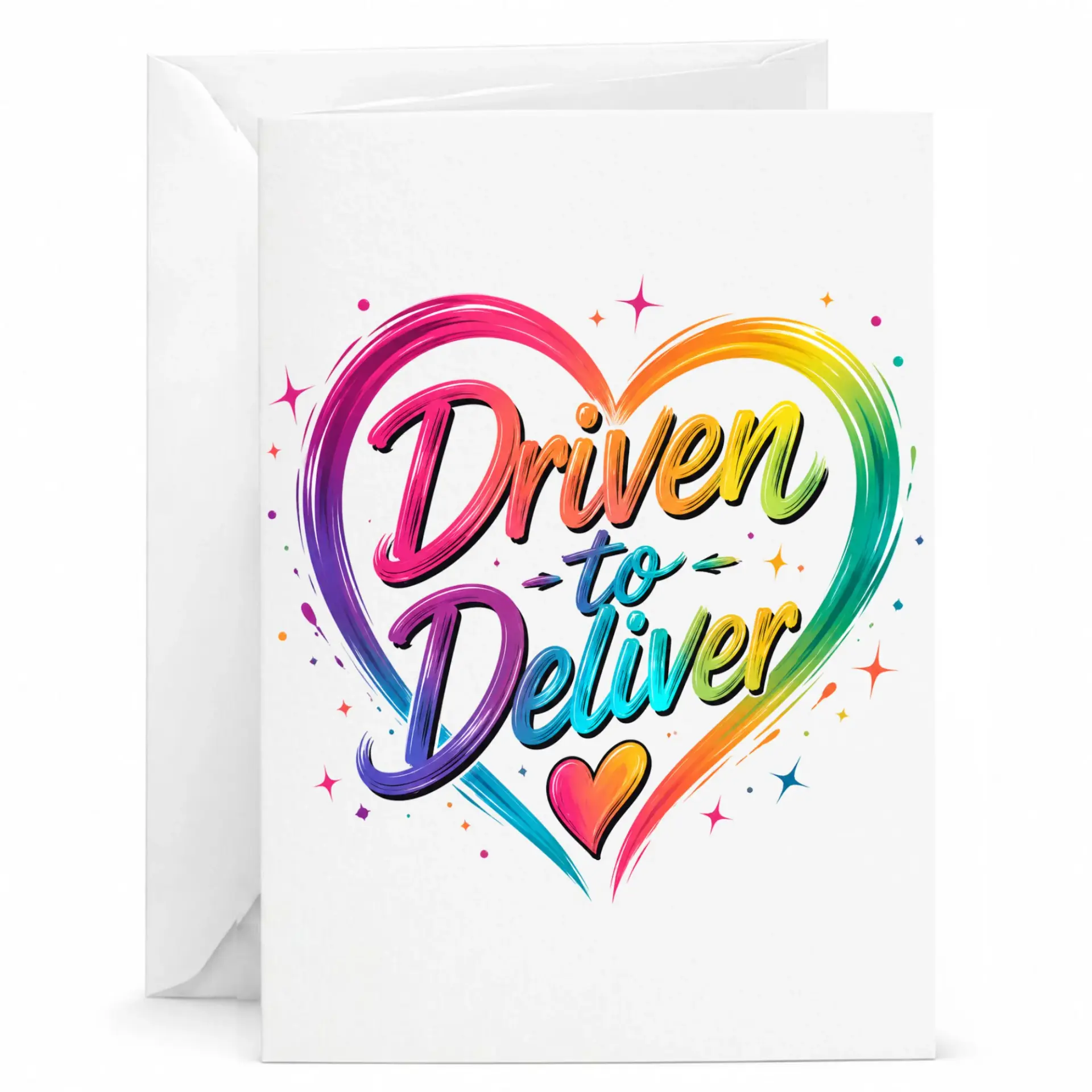 Greeting Card Driven to Deliver Rainbow Heart Art Professional Printed Heavyweight Cardstock Note for Any Occasion