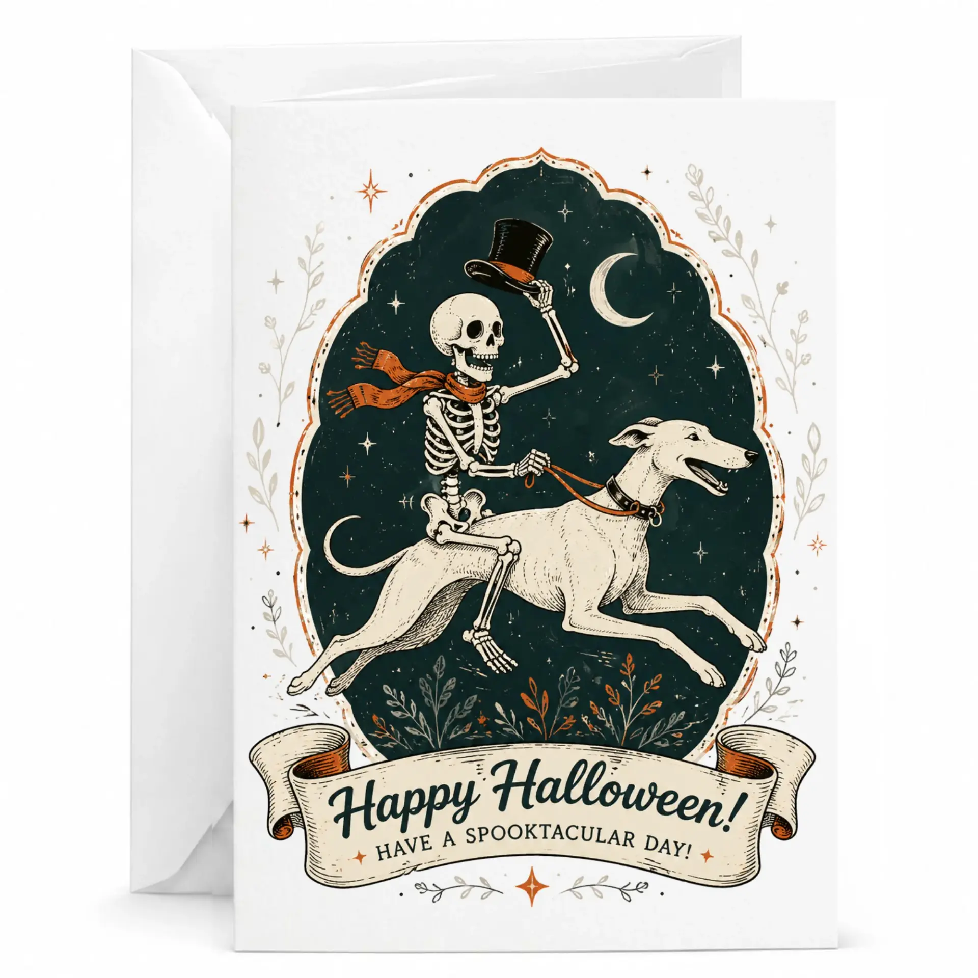 Greeting Card Happy Halloween Spooktacular Day Skeleton Riding Dog Illustration Gothic Seasonal Holiday Note
