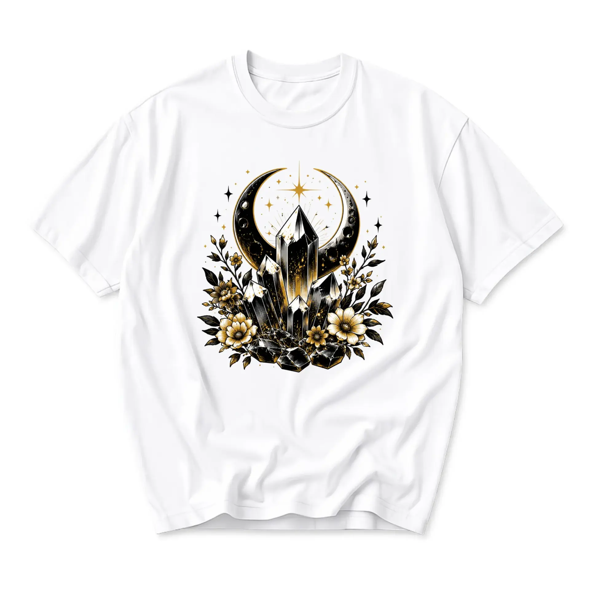 Graphic Tee Celestial Crystal Moon Floral Design Unisex Casual Crew Neck Comfortable Cotton Blend Short Sleeve Shirt