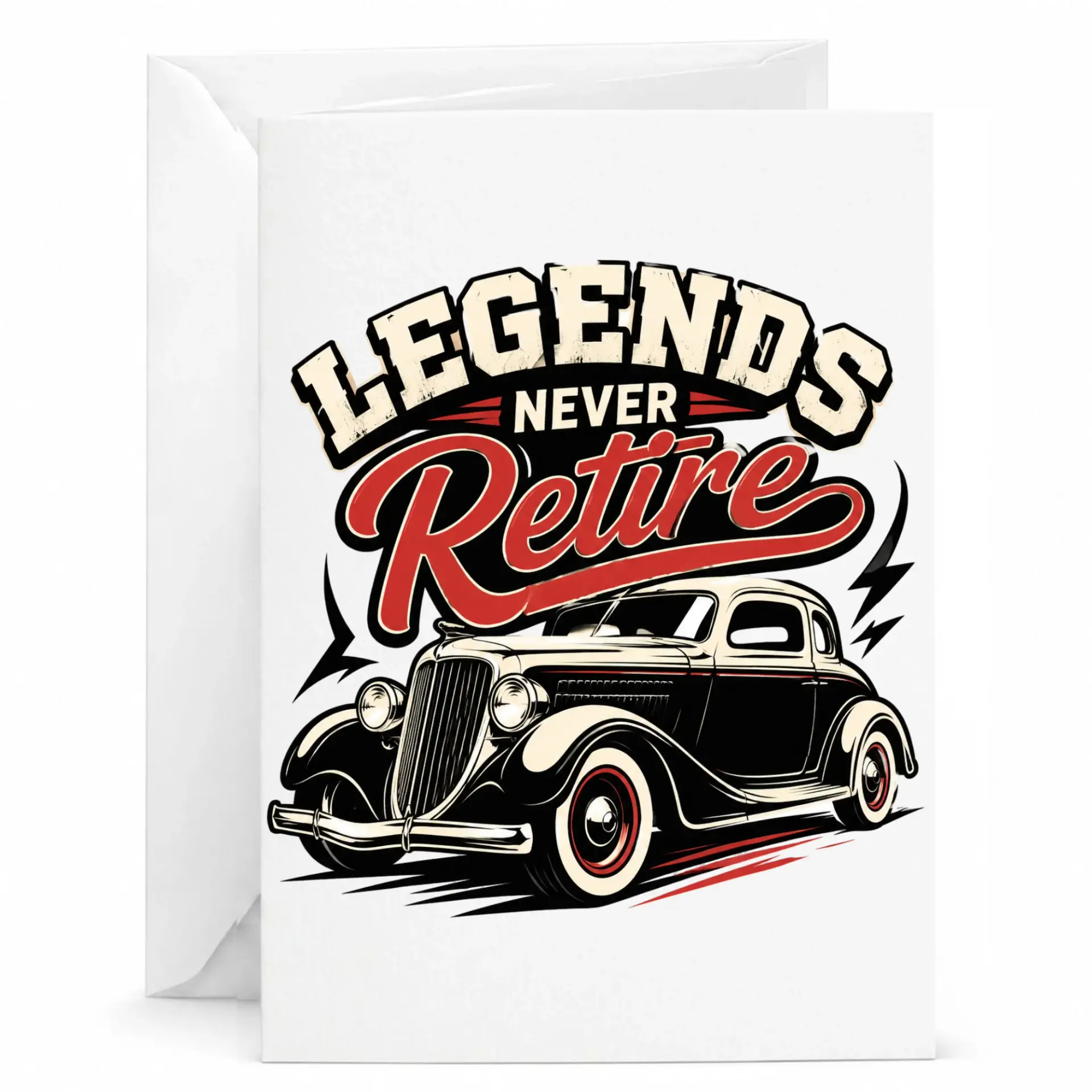 Greeting Card Legends Never Retire Vintage Car Illustration for Retirement Congratulations and Milestone Celebrations