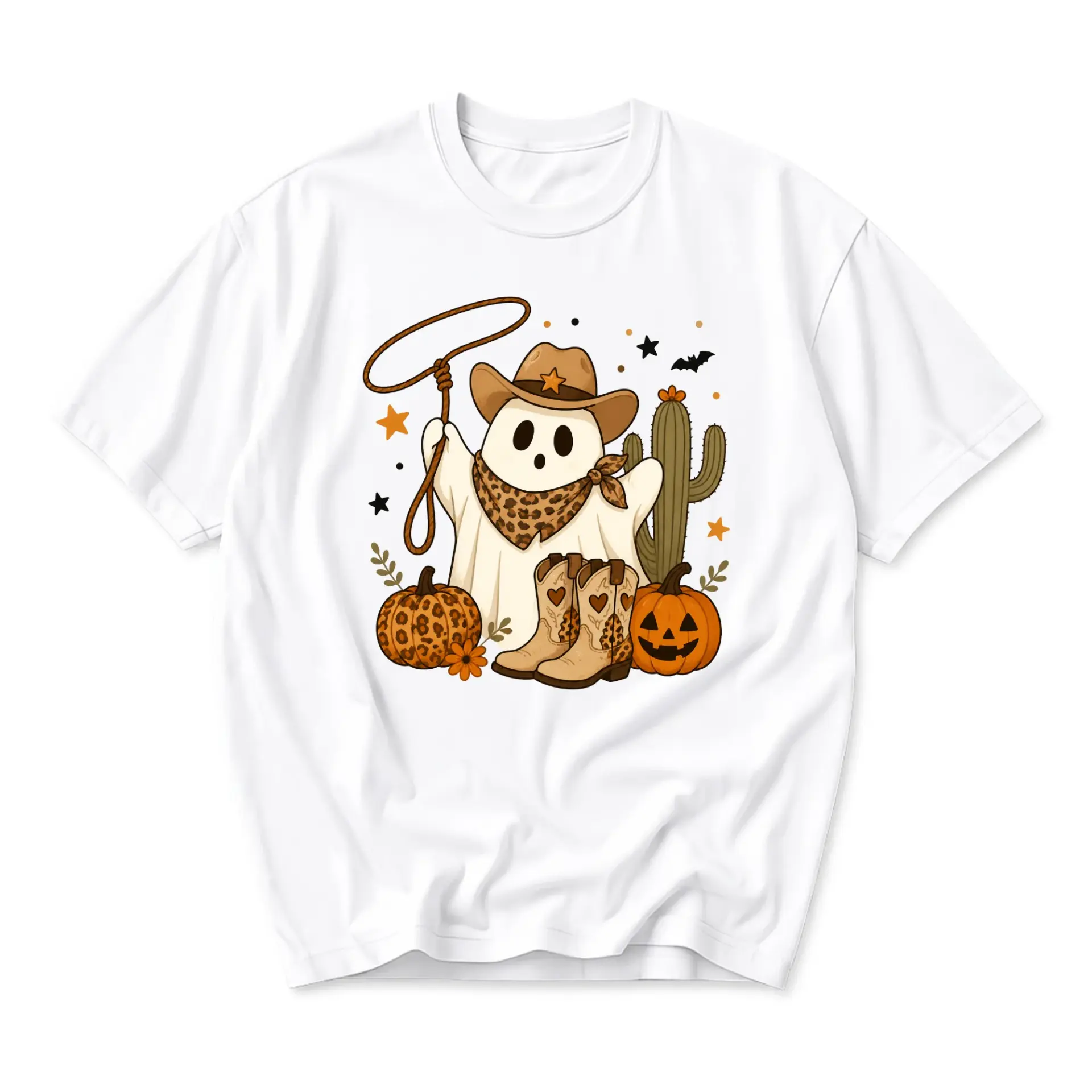 Graphic Tee Western Ghost Cowboy Hat T-Shirt Funny Cute Fall Season Unisex Casual Crew Neck Soft Cotton Blend Shirt