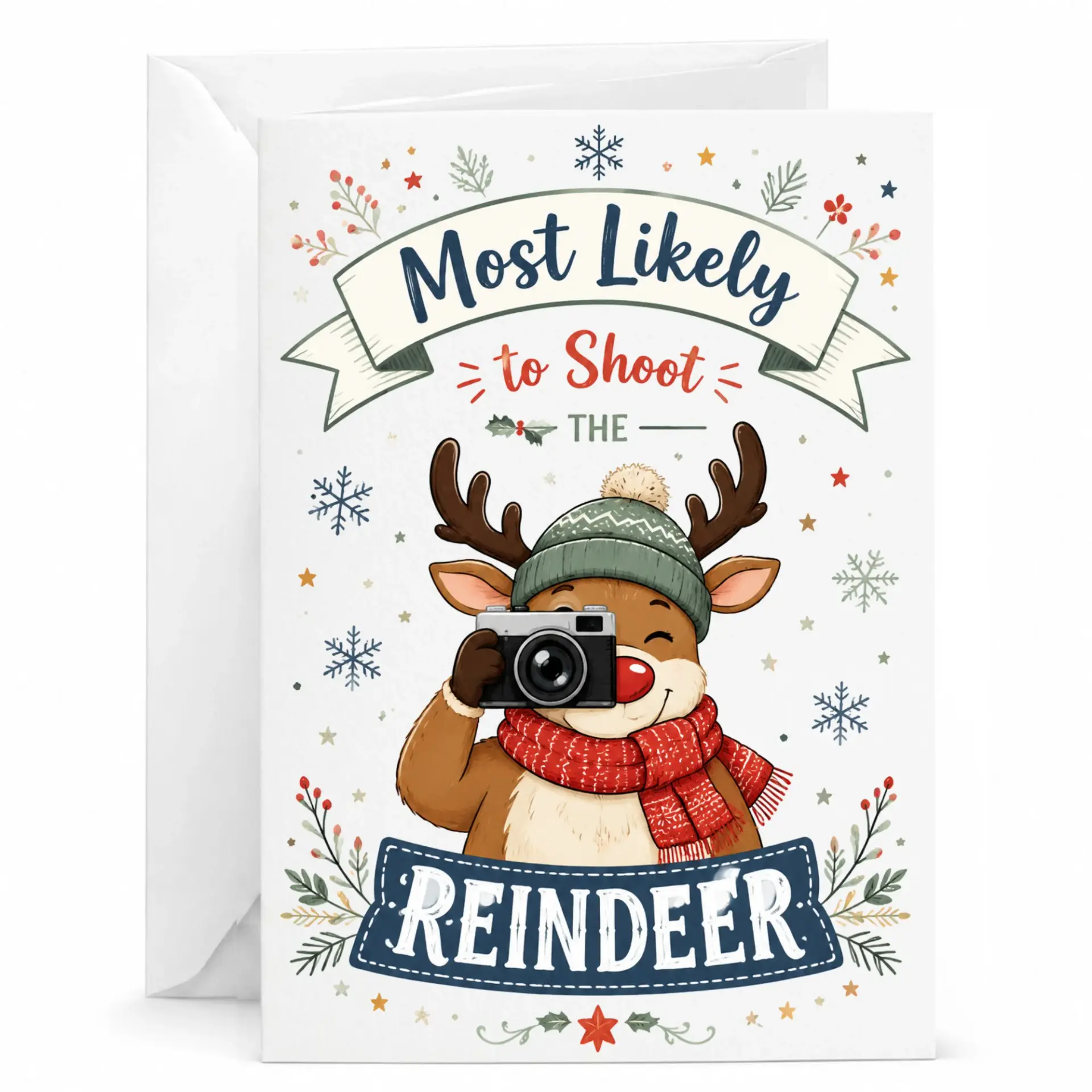 Funny Reindeer Photography Greeting Card, Holiday Humorous Animal Note Card with Matching Envelope for Seasonal Joy