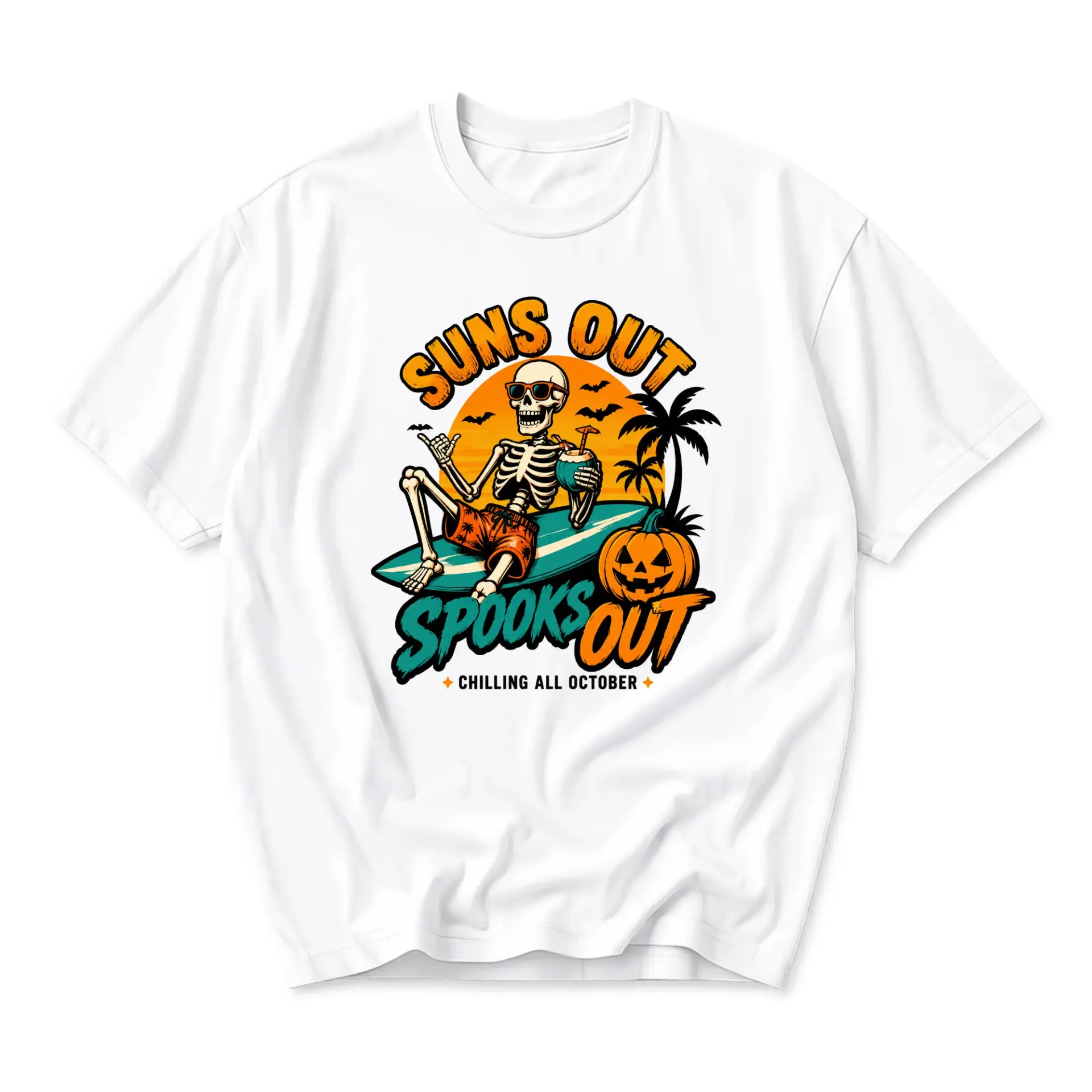 Funny Shirt Suns Out Spooks Out Skeleton Surfing Graphic Tee Unisex Casual Crew Neck Halloween Vacation Top White