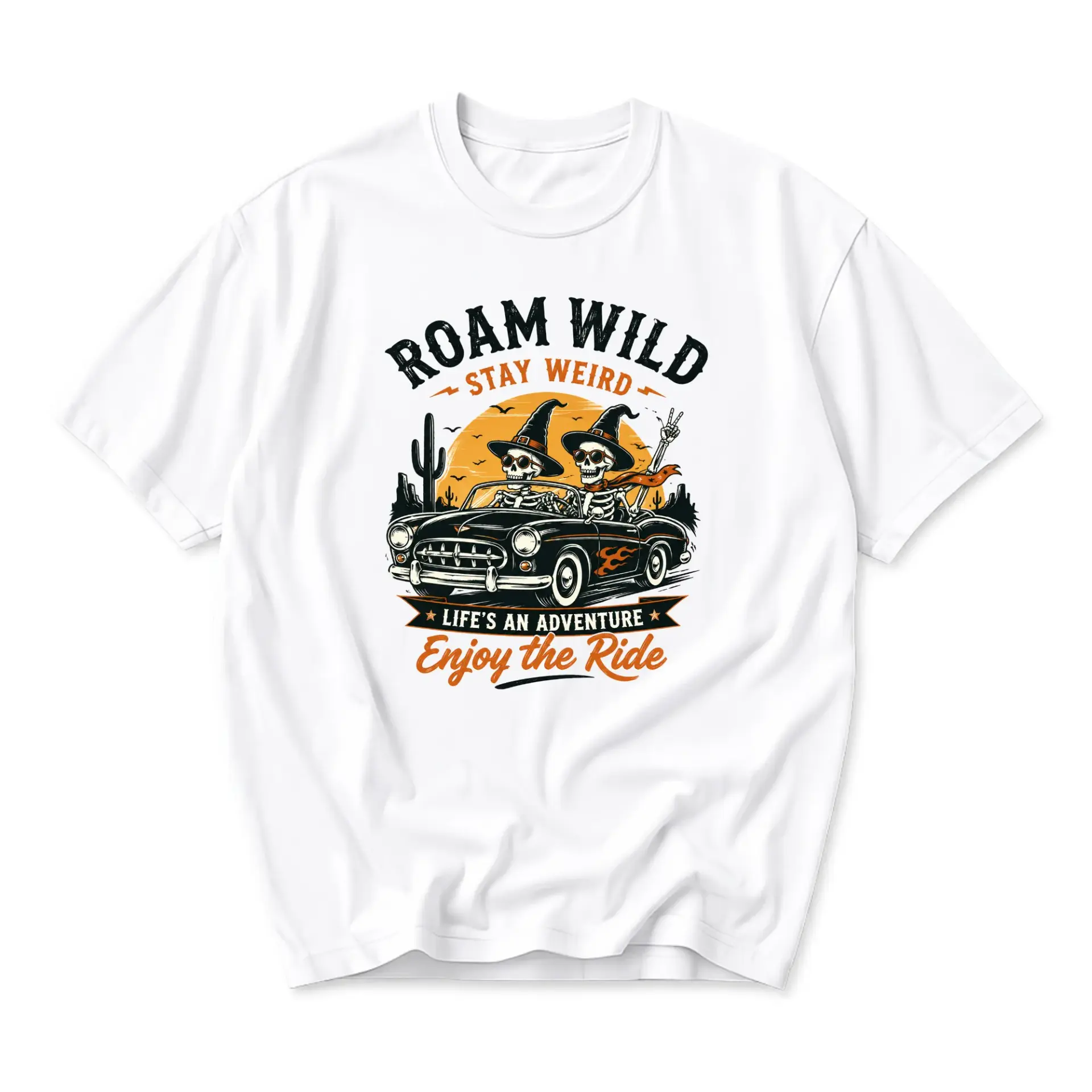 Graphic Tee Roam Wild Stay Weird Skeleton Car Unisex Shirt Vintage Style Cotton Blend Crew Neck Casual Apparel Top