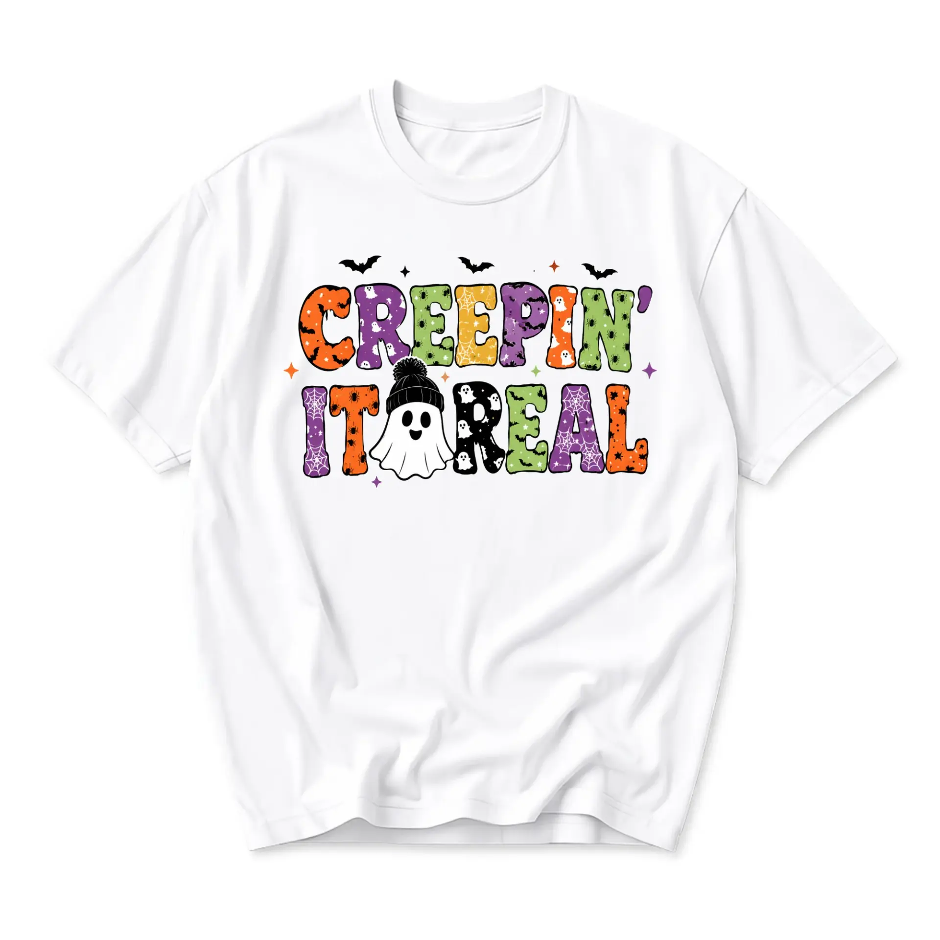 Funny Shirt Creepin It Real Ghost Graphic Tee Seasonal Holiday Unisex Crew Neck Casual Cotton Blend Apparel White