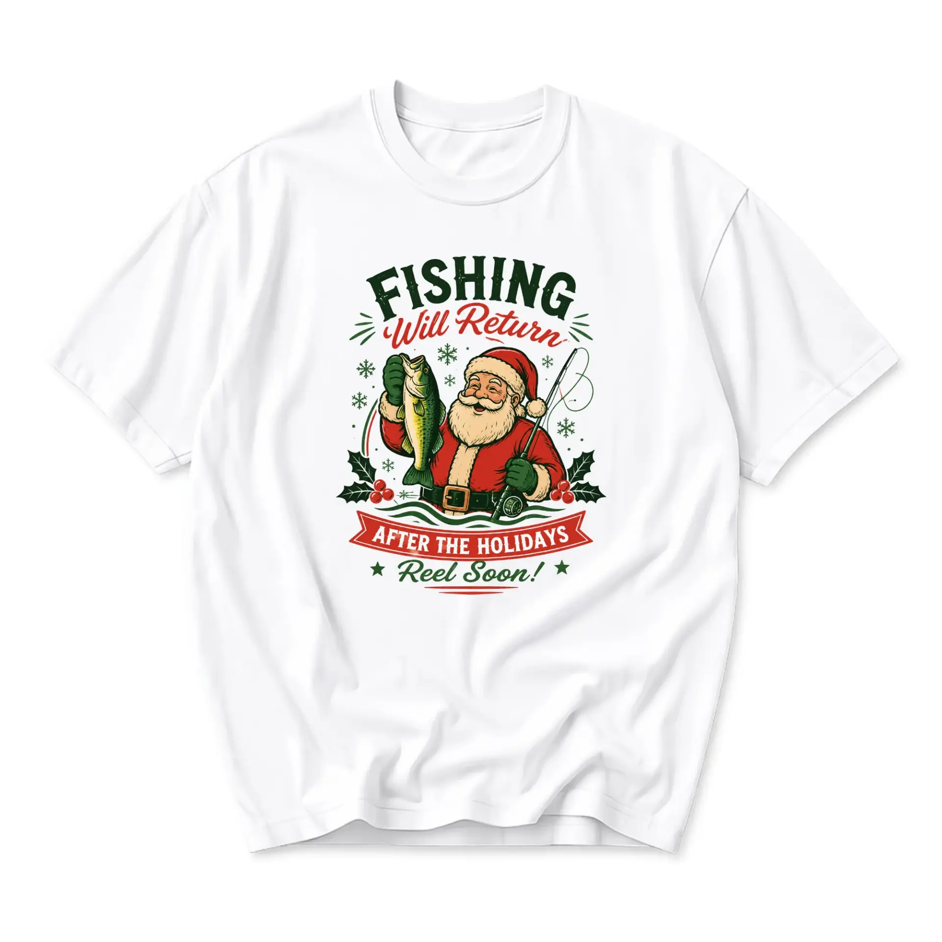 Graphic Tee Funny Santa Fishing Christmas Shirt Unisex Casual Crew Neck