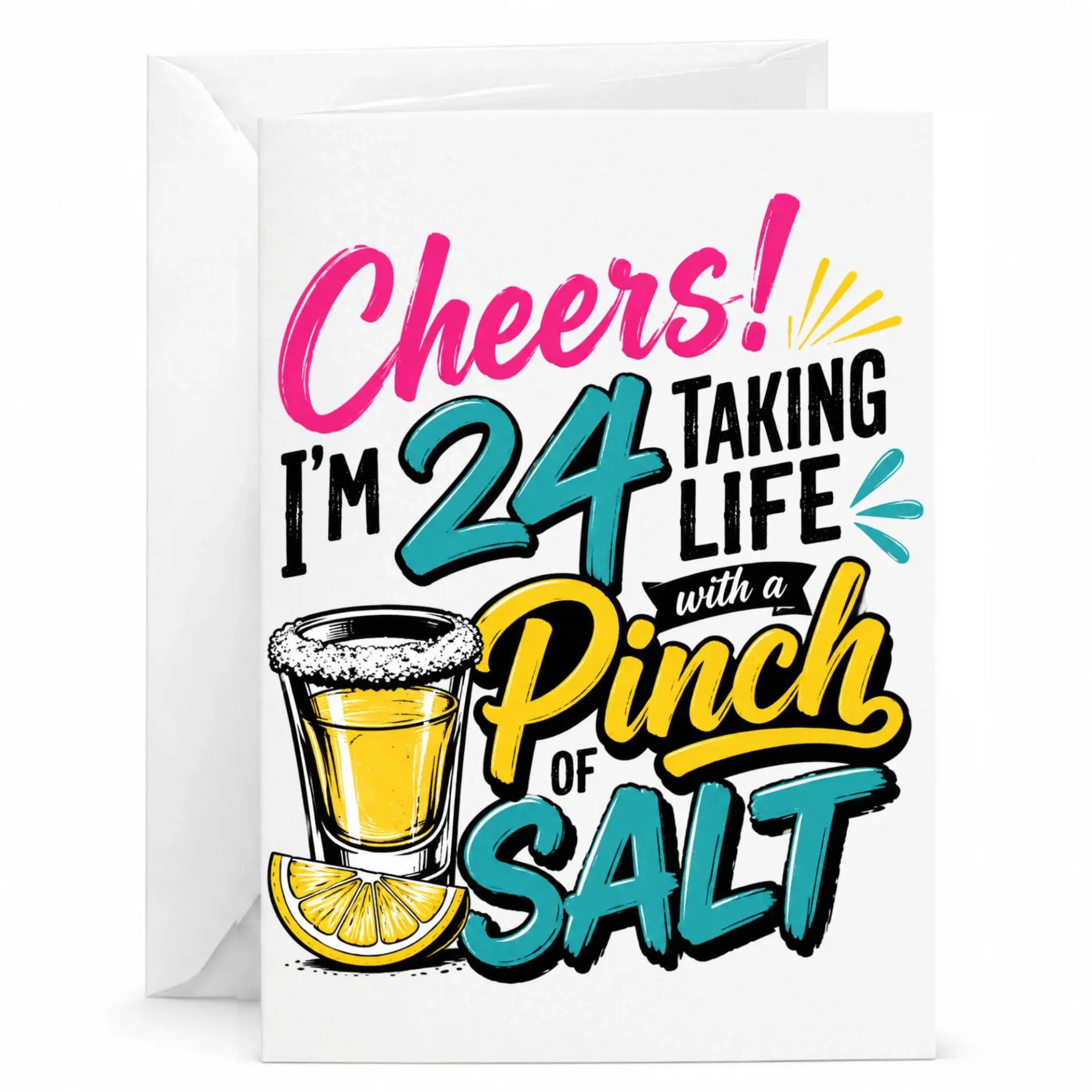 Funny Birthday Card Cheers I Am 24 Taking Life with a Pinch of Salt Design Greeting Card for Milestone Celebration