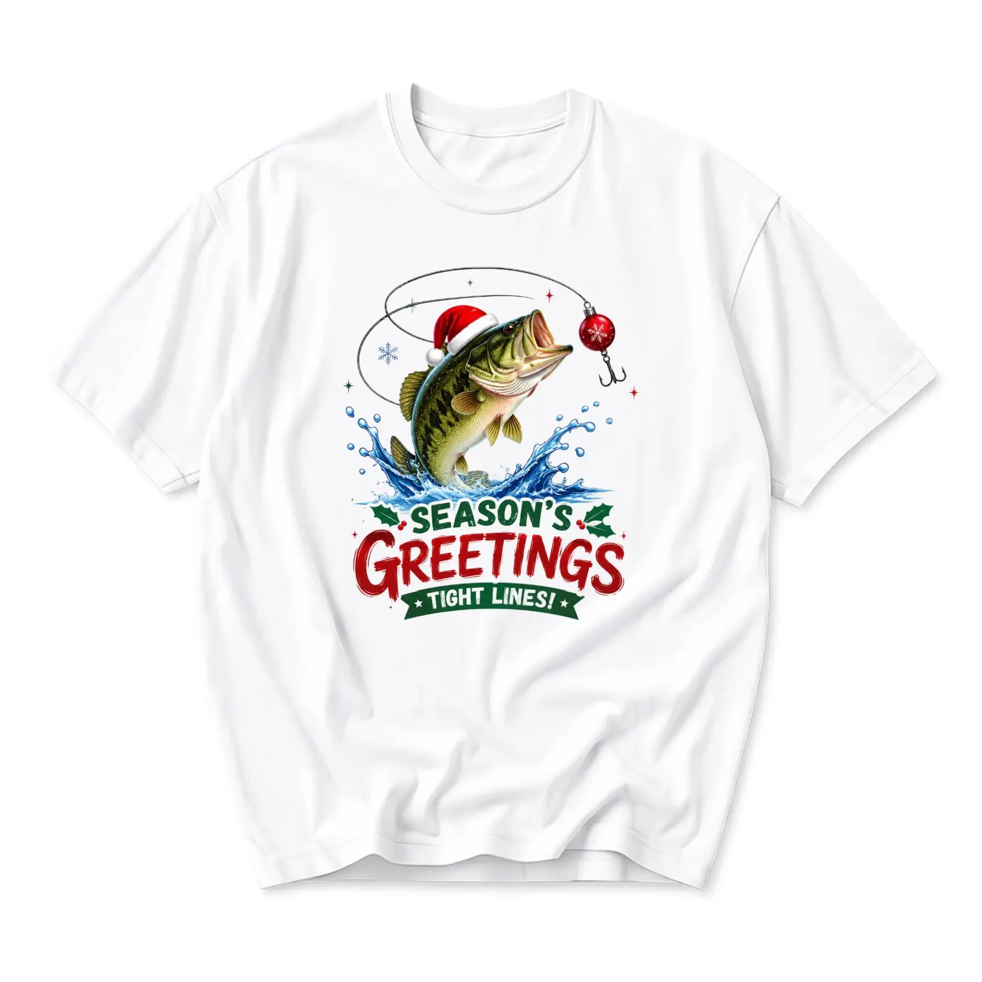 Funny Shirt Season's Greetings Fishing Graphic Tee Unisex Holiday Crew Neck Short Sleeve Cotton Top