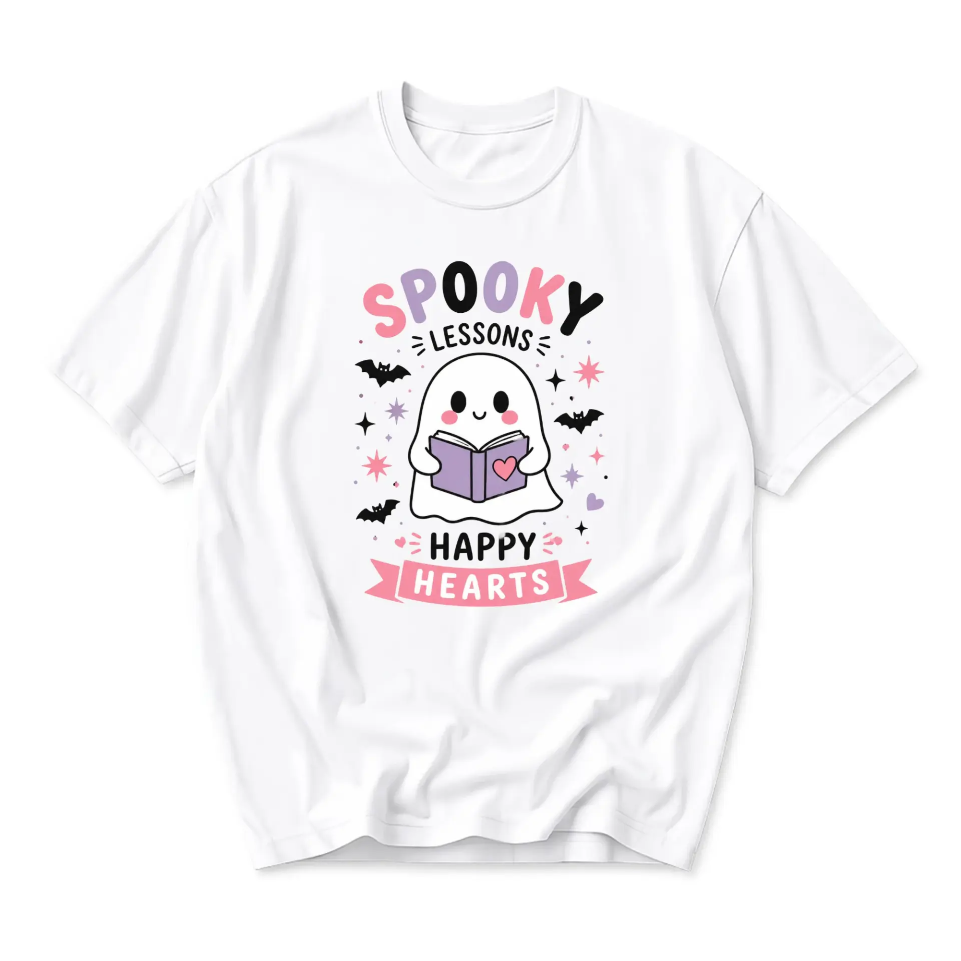 Graphic Tee Spooky Lessons Happy Hearts Cute Ghost Reading Book Design Unisex Crew Neck Short Sleeve Cotton Casual Shirt