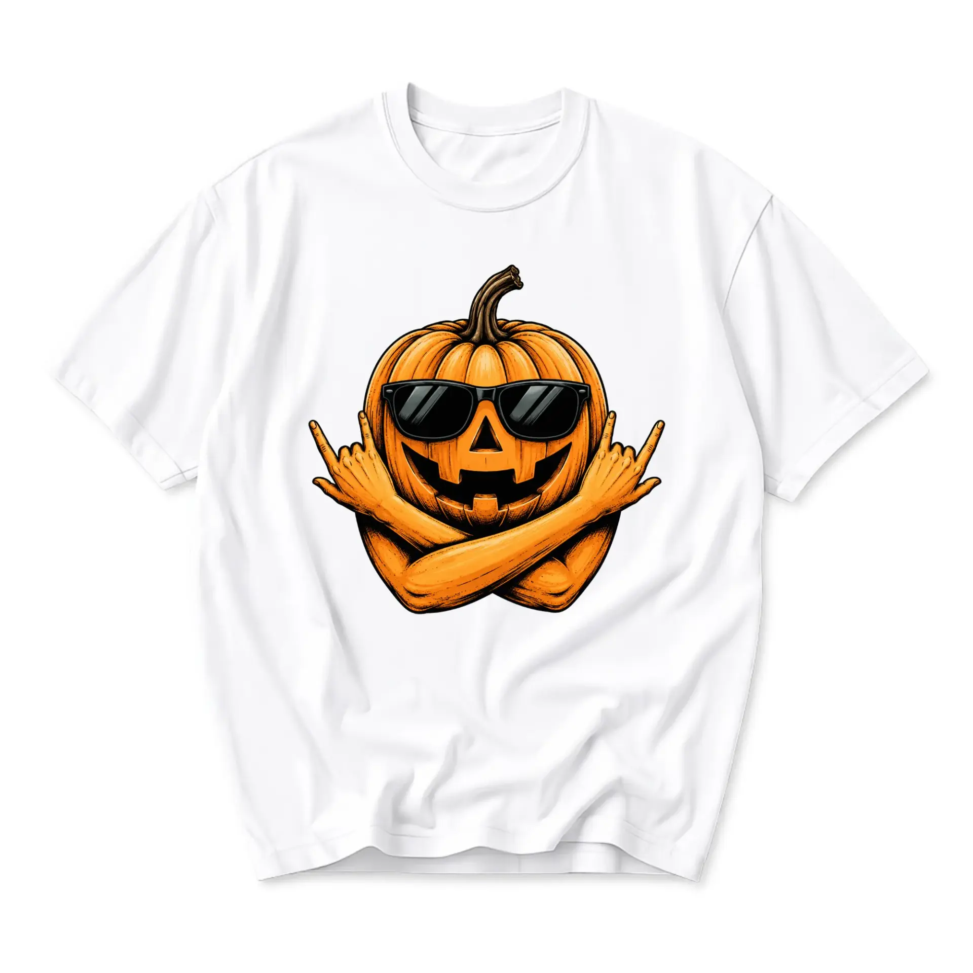 Graphic Tee Unisex Crew Neck T-Shirt Featuring Cool Rocking Pumpkin with Sunglasses Design for Casual Seasonal Wear