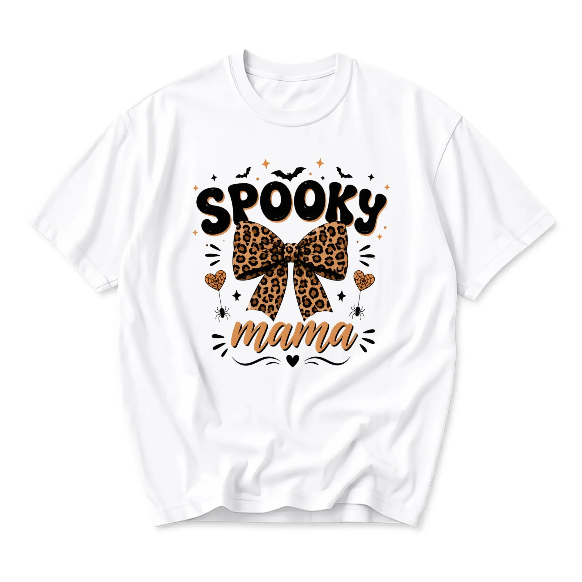 Funny Shirt Spooky Mama Graphic Tee Aesthetic Halloween Bow Leopard Print Apparel Casual Cotton Crew Neck T-Shirt