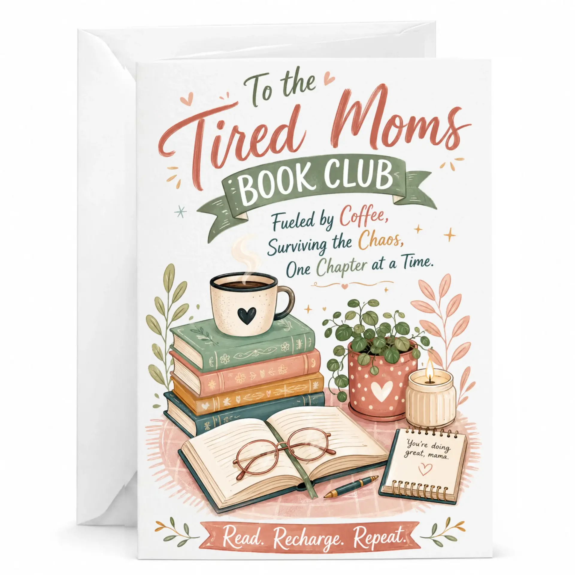 Greeting Card for Book Lovers Featuring Cozy Reading Illustration and Heartfelt Tired Moms Readers