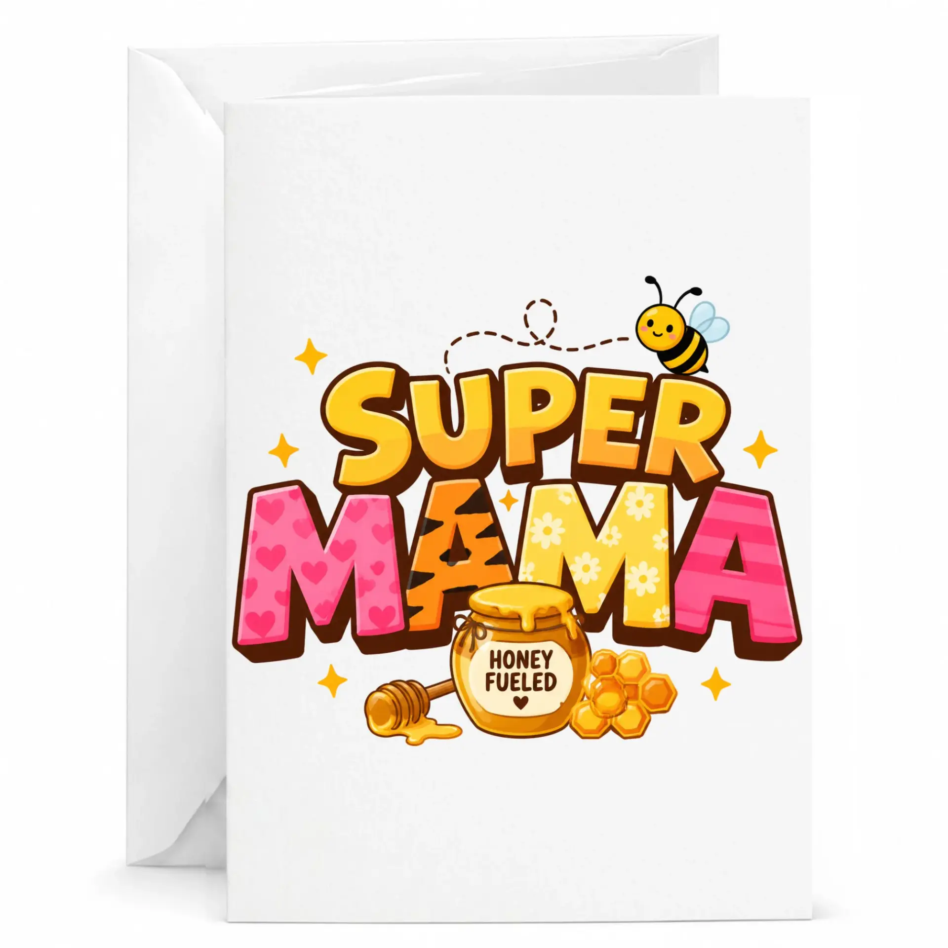 Greeting Card Super Mama Honey Fueled Bee Theme Cute Illustration Heavyweight Stationery for Mother and Loved Ones
