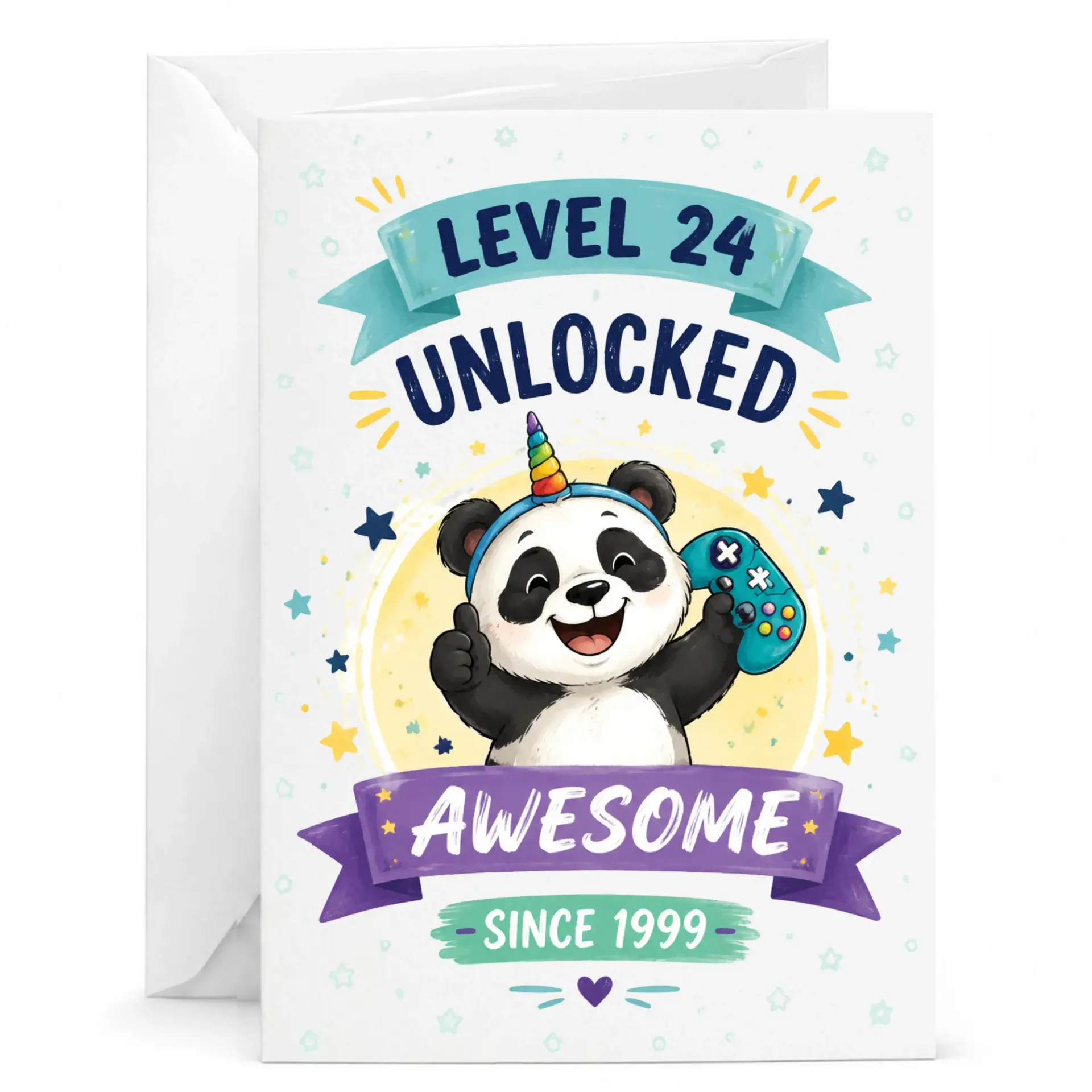 Funny Birthday Card Level 24 Unlocked Awesome Since 1999 Gaming Panda Greeting Card for Milestone Celebration