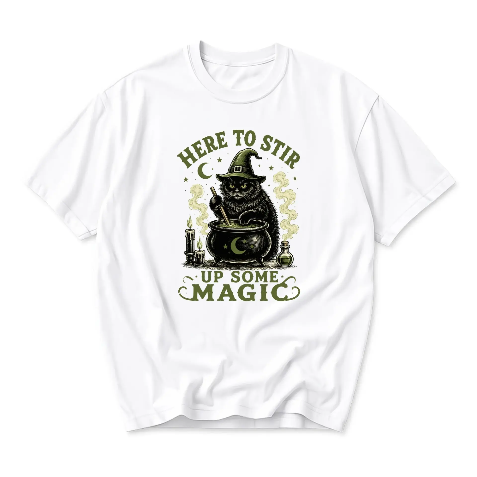 Graphic Tee Unisex Black Cat Witch Pot Print Crew Neck Casual Everyday Short Sleeve Shirt for Mystical Style Lovers