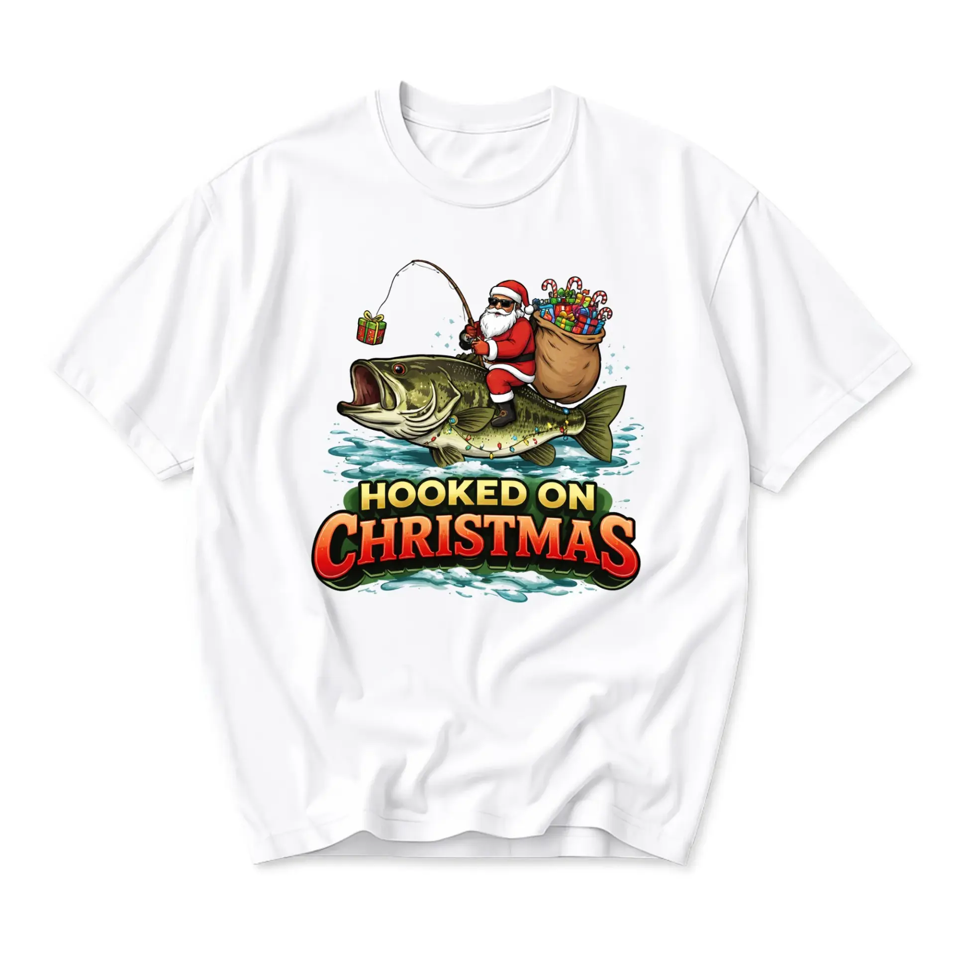 Funny Shirt on Christmas Graphic Tee Santa Claus Fishing Unisex Crew Neck Seasonal Holiday Casual Apparel