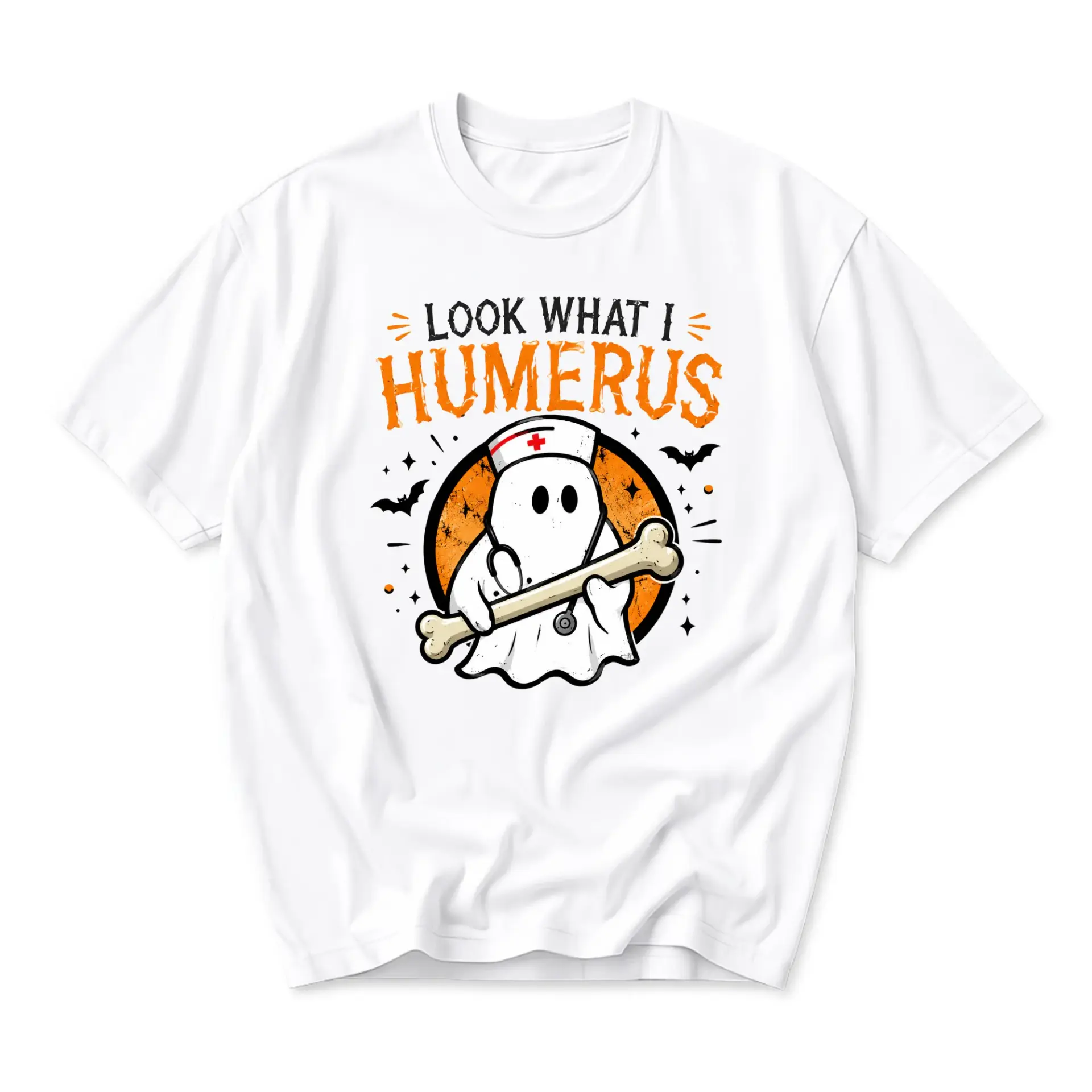 Funny Shirt Look What I Humerus Ghost Nurse Graphic Tee Unisex Casual Cotton Blend Crew Neck Halloween Apparel
