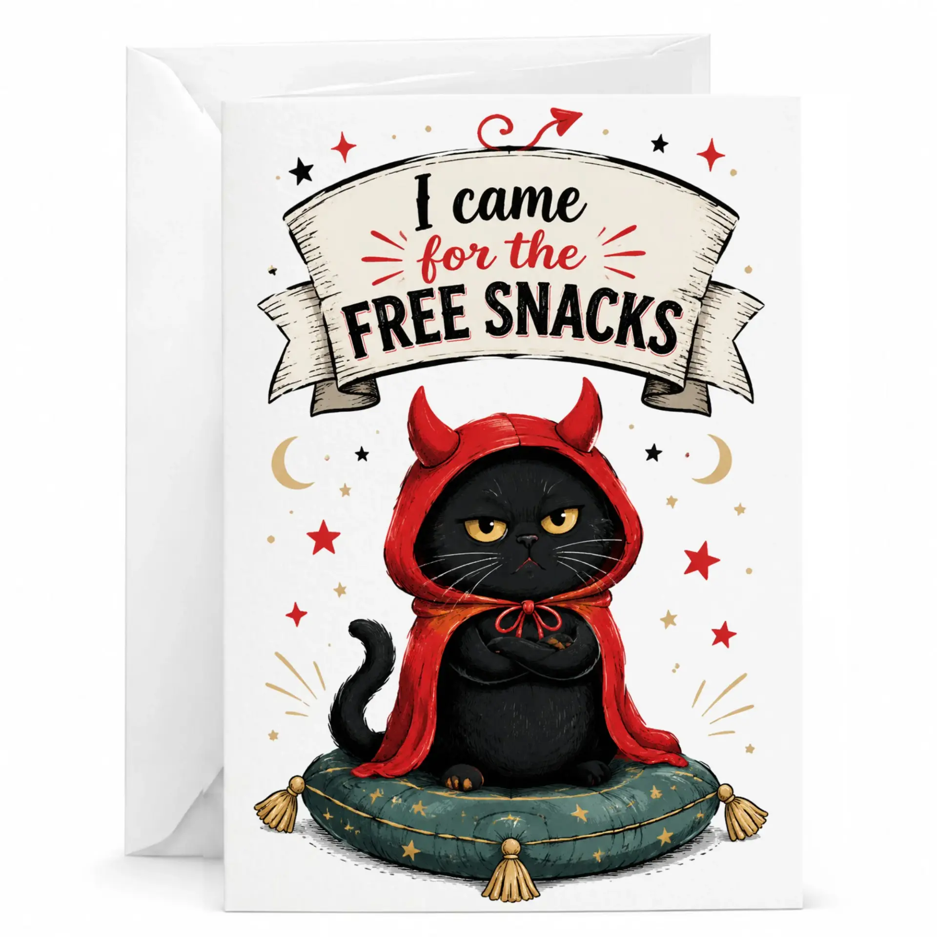 Funny Cat Greeting Card I Came for the Snacks Whimsical Black Kitten in a Red Devil Costume Design 5x7 Inch