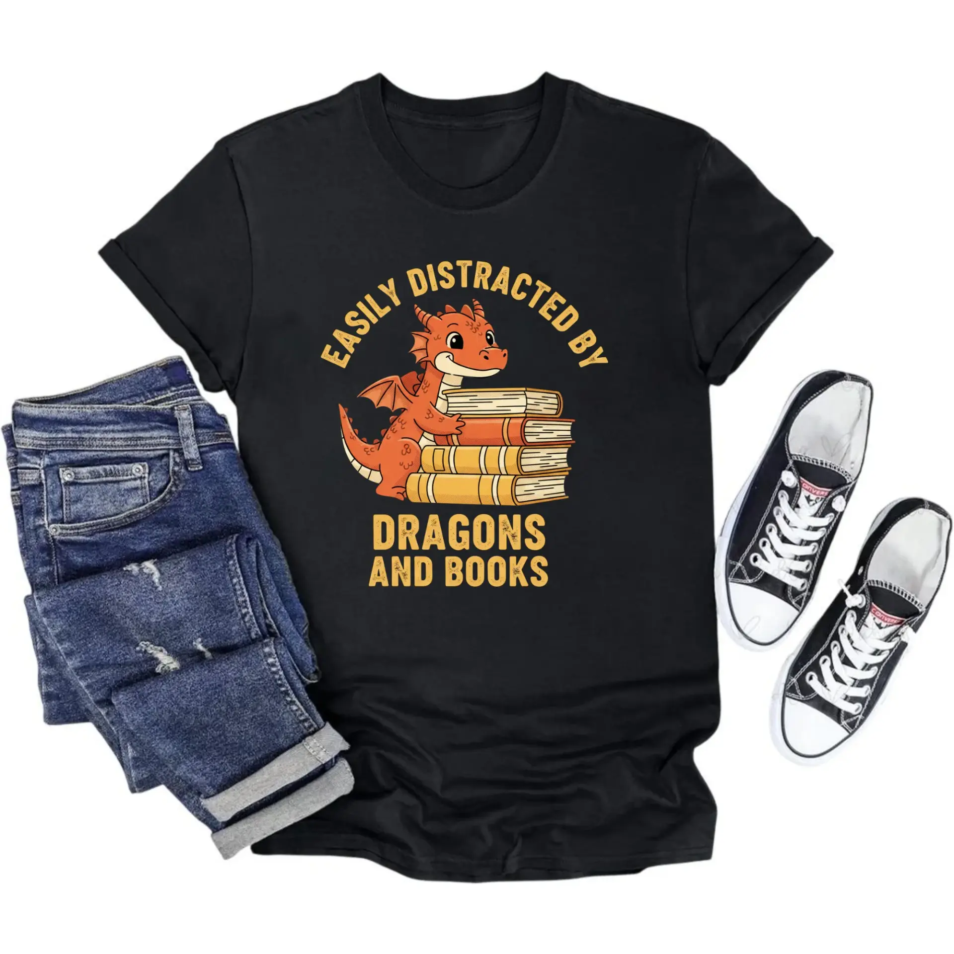 Graphic Tee Easily by Dragons and Books Funny Unisex Crew Neck T-Shirt for Readers Fantasy Enthusiasts