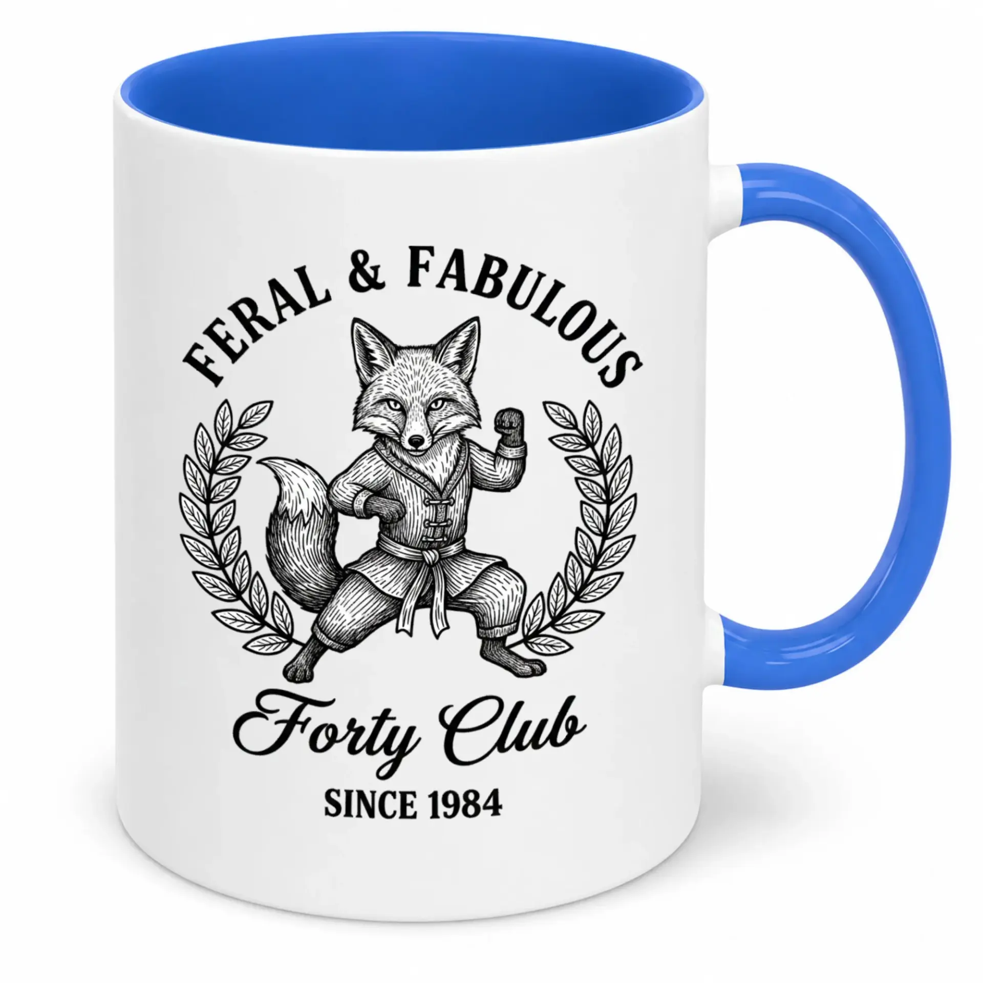Funny Forty Club Coffee Mug for Women Men Born 1984 Feral & Fabulous Fox Martial Arts Ceramic Cup Unique Birthday Gift
