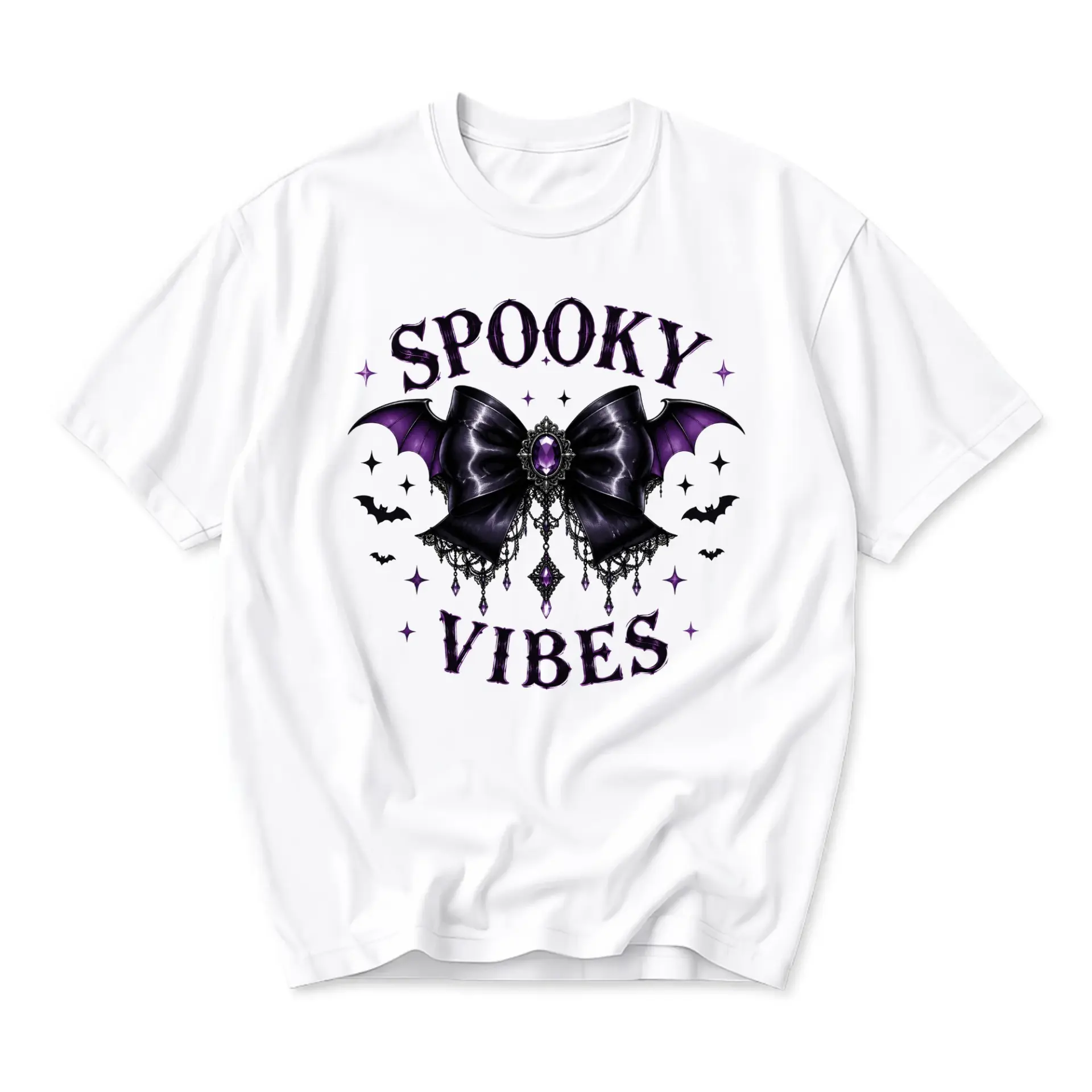 Graphic Tee Spooky Vibes Gothic Bat Bow Print Unisex Cotton Casual Everyday Short Sleeve Crew Neck Shirt Summer Top