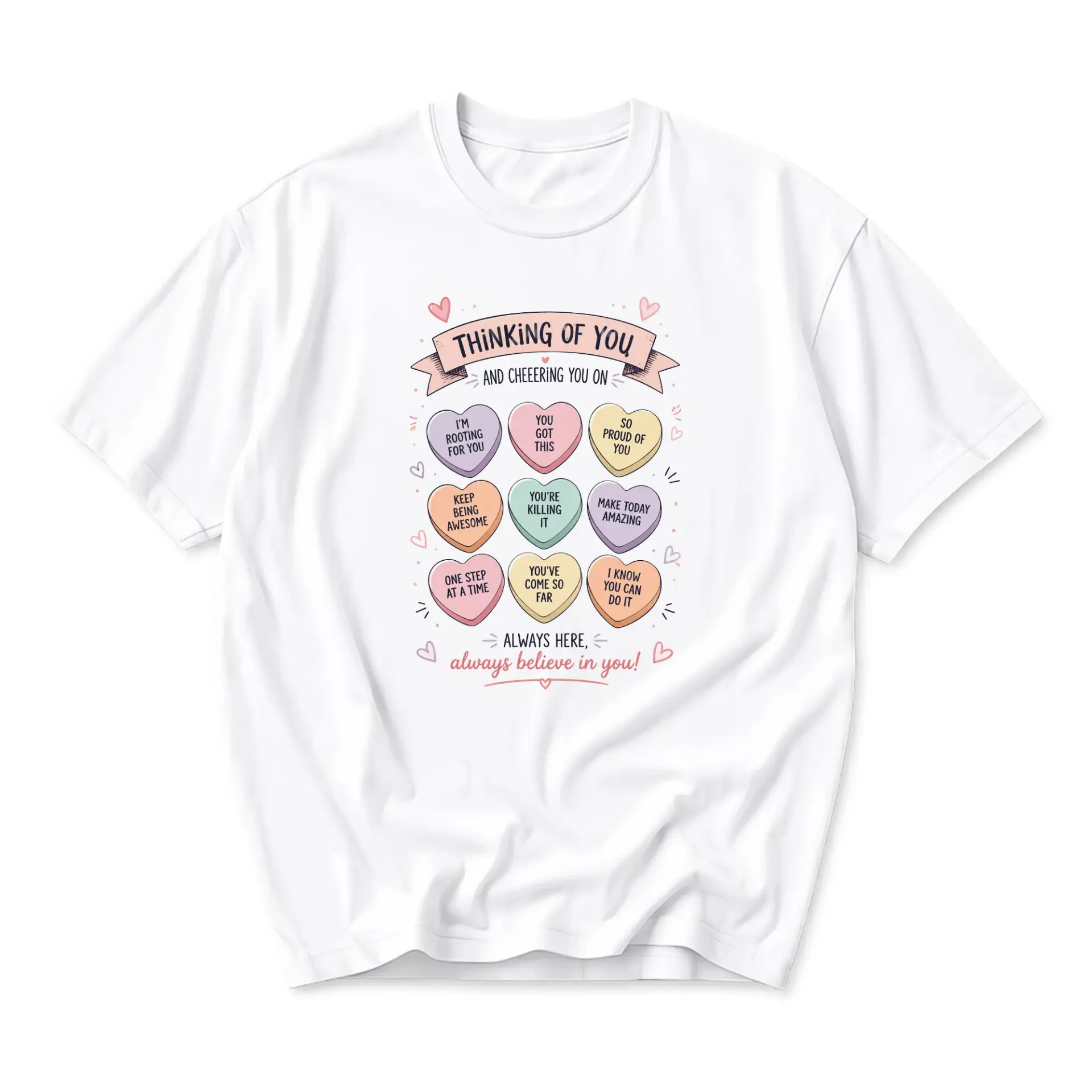 Funny Shirt Thinking of You Encouragement Graphic Tee Cute Pastel Heart Inspirational Unisex Cotton Casual Outfit