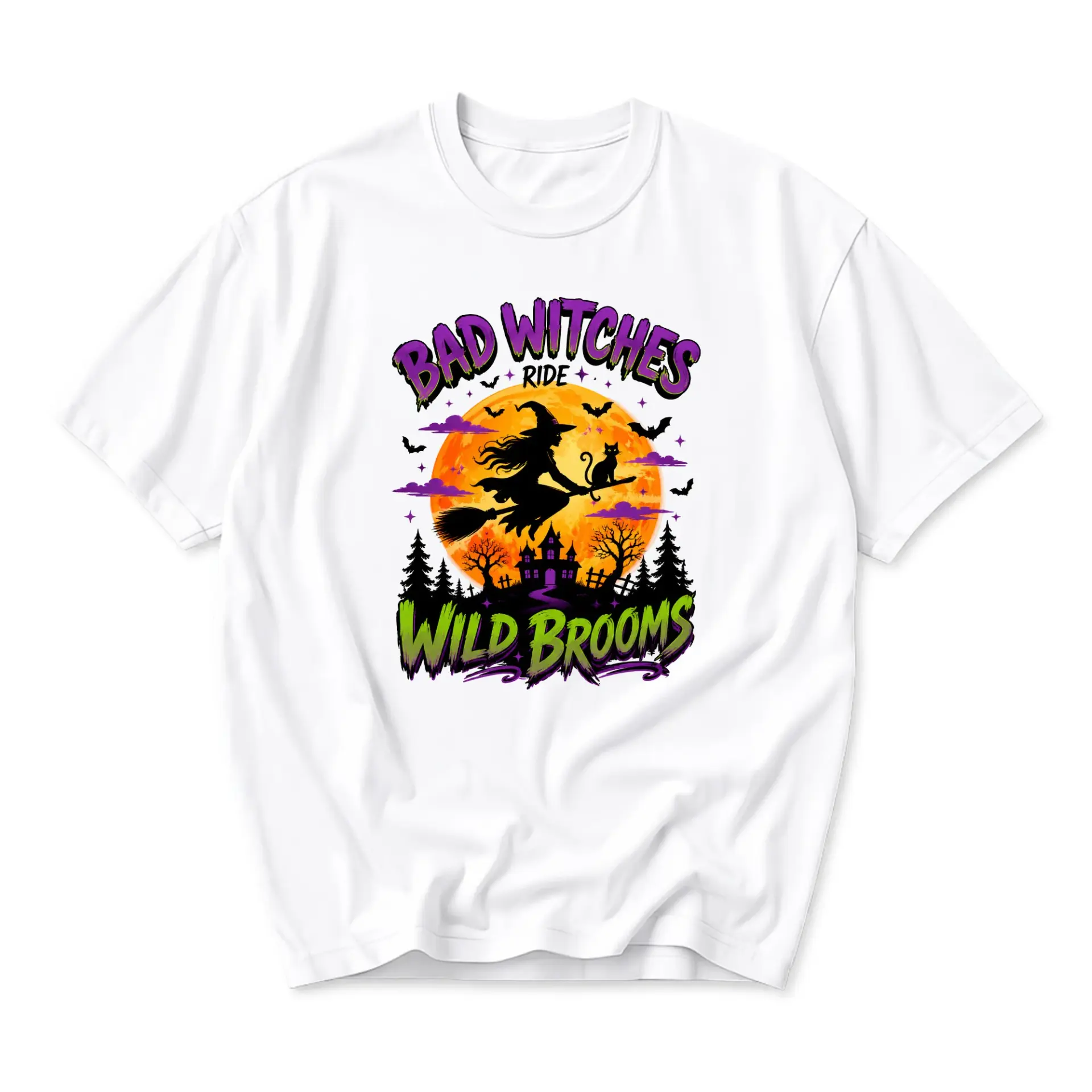 Graphic Tee Unisex Crew Neck Shirt Bad Witches Ride Wild Brooms Halloween Theme Casual Everyday Apparel White