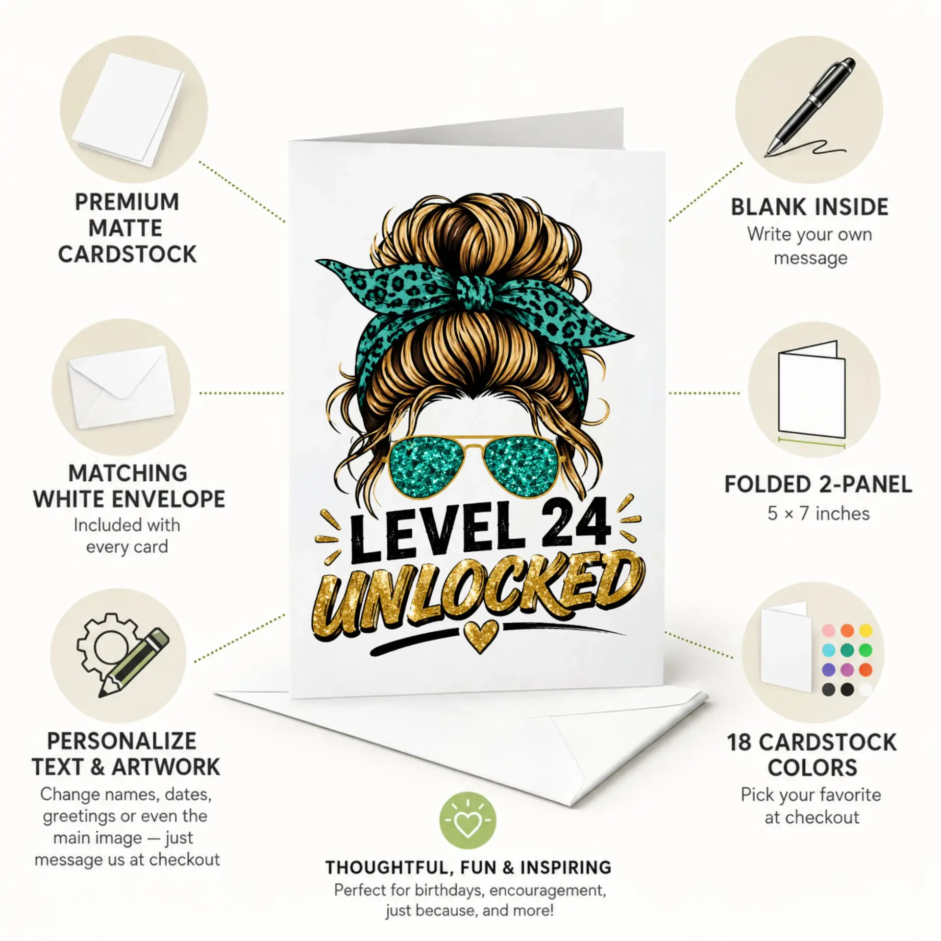 Birthday Card Level 24 Unlocked Funny Messy Bun Sunglasses Graphic 5x7 Greeting Card for Twenty Fourth Milestone