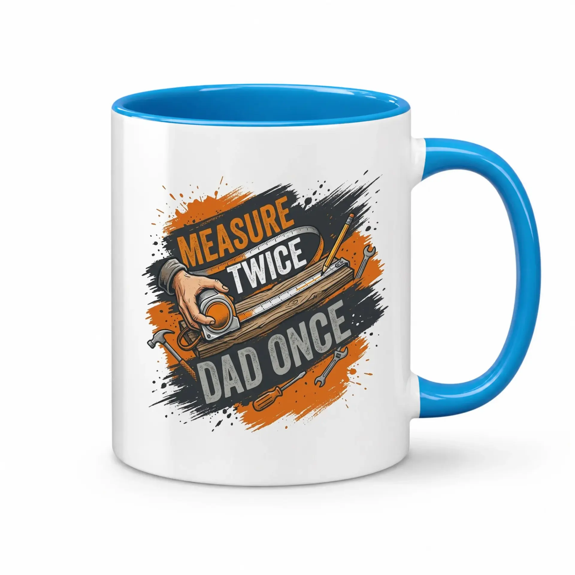 Funny Handyman Theme Ceramic Coffee Mug with Blue Handle and Graphic Tool Illustration for Home Office Use