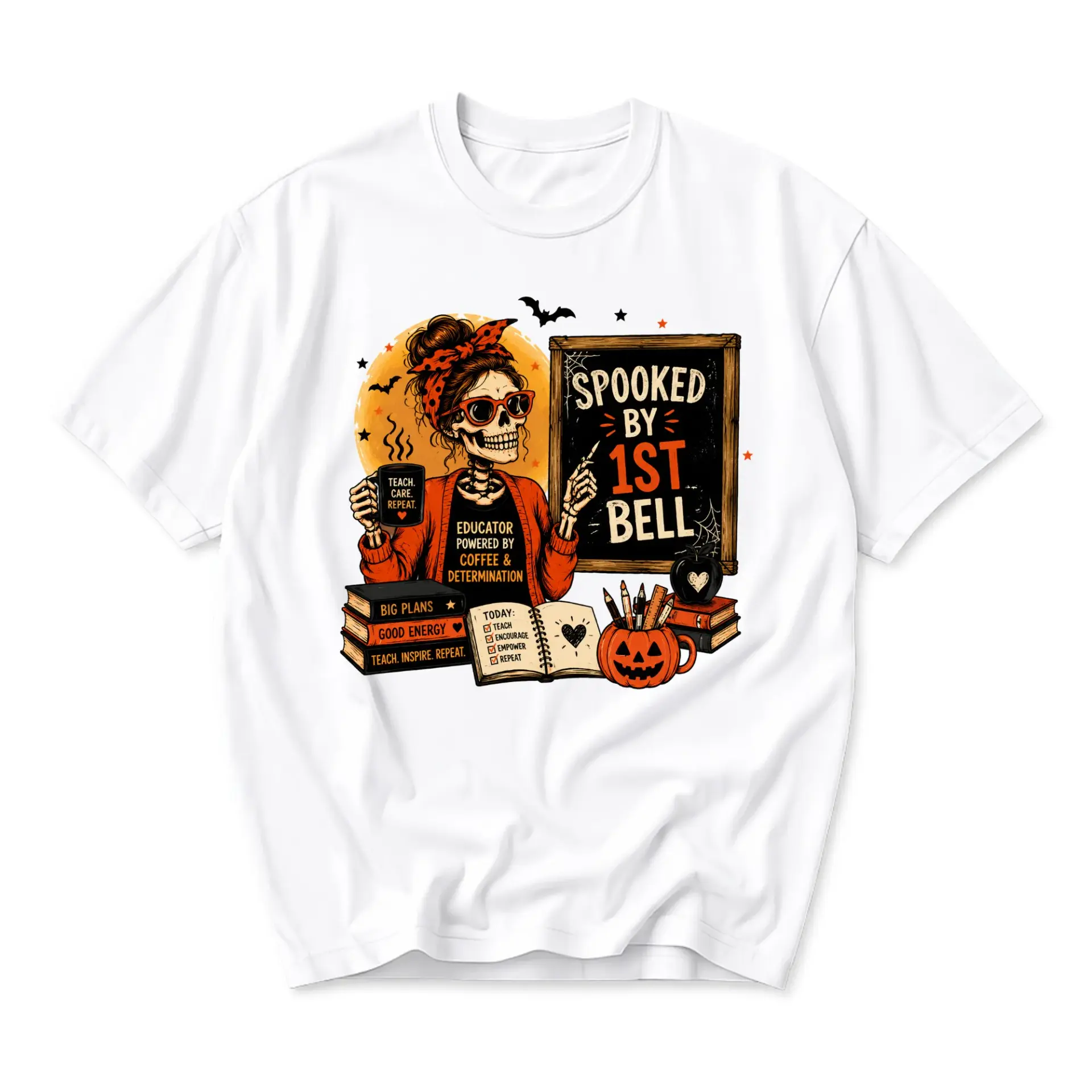 Graphic Tee Spooked by 1st Bell Skeleton Educator Halloween Shirt Unisex Cotton Casual Fall Crew Neck Top