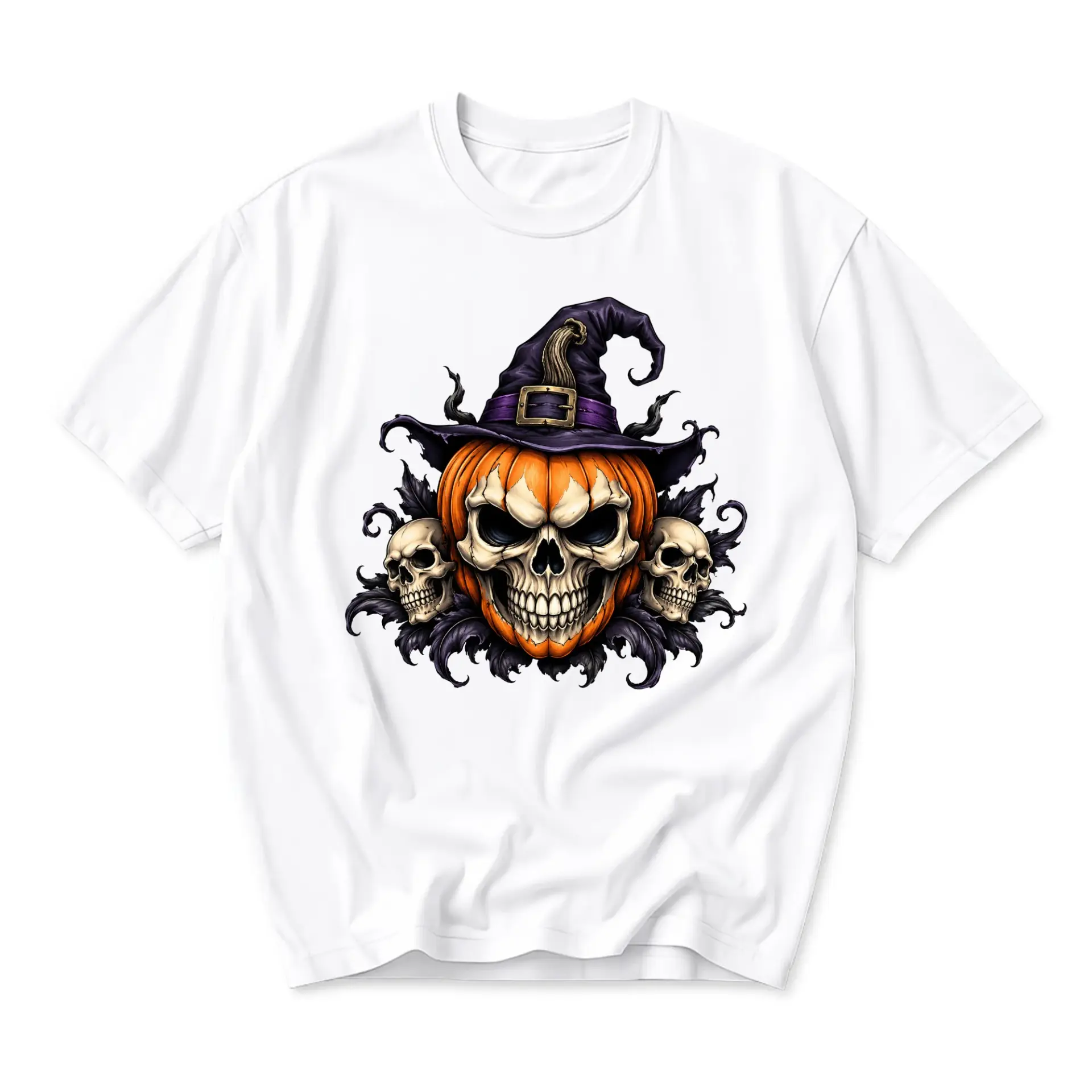 Graphic Tee Unisex Crew Neck T-Shirt Featuring Spooky Skull Pumpkin Witch Hat Halloween Art Casual Everyday Apparel