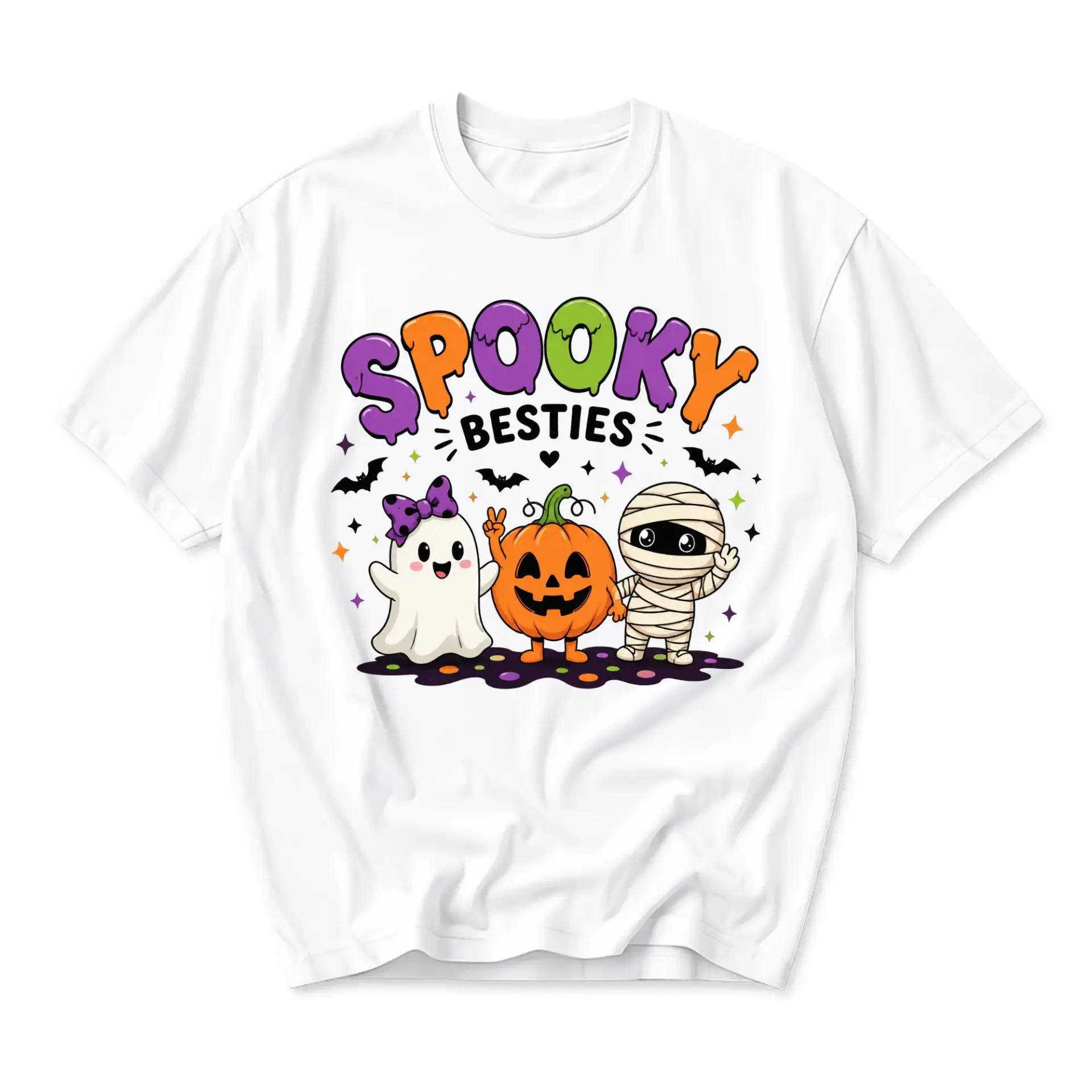 Spooky Besties Graphic Tee Halloween Pumpkin Ghost Mummy Unisex Crew Neck Shirt for Casual Wear and Holiday Fun