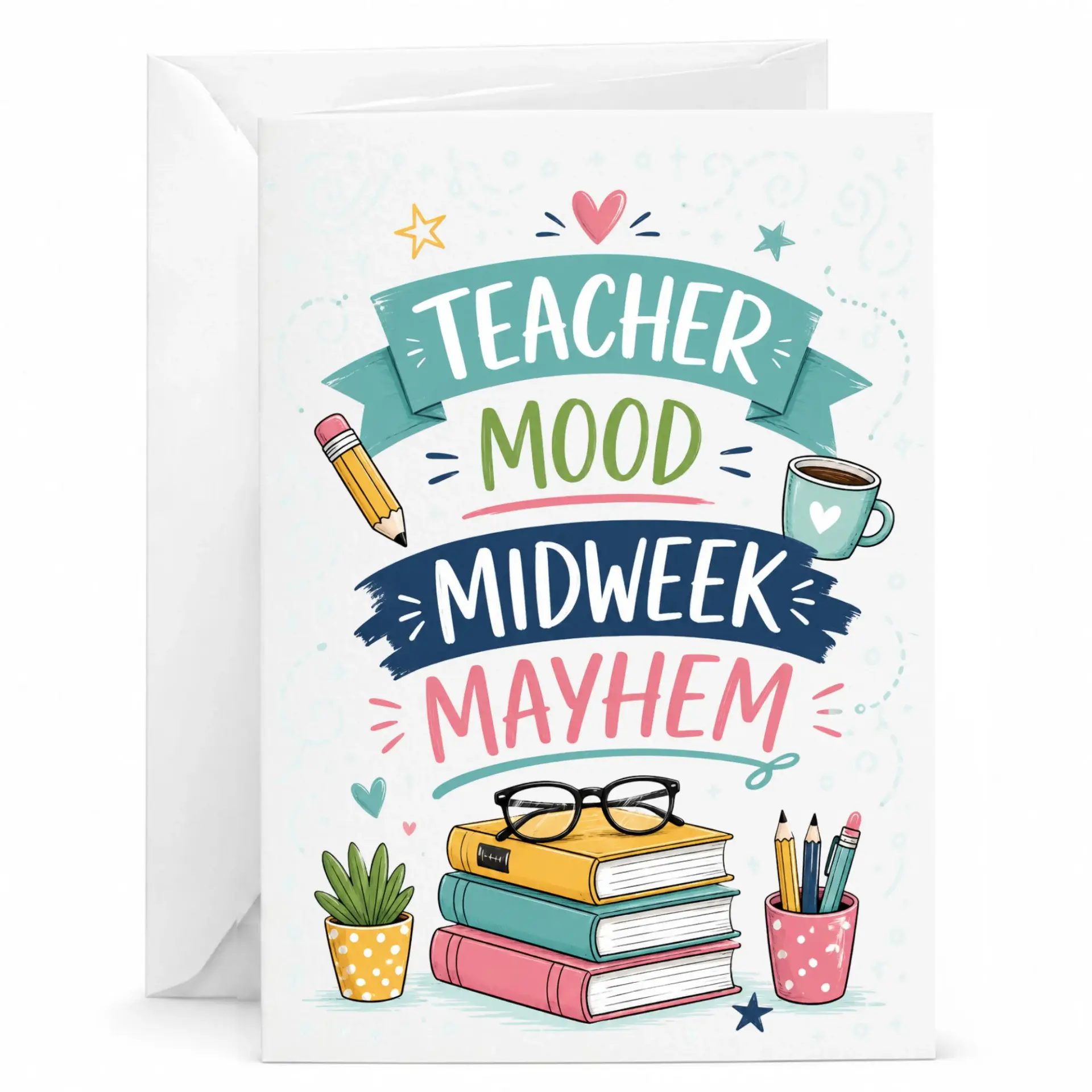 Funny Greeting Card Teacher Mood Midweek Mayhem Design with Matching White Envelope for Appreciation and Encouragement