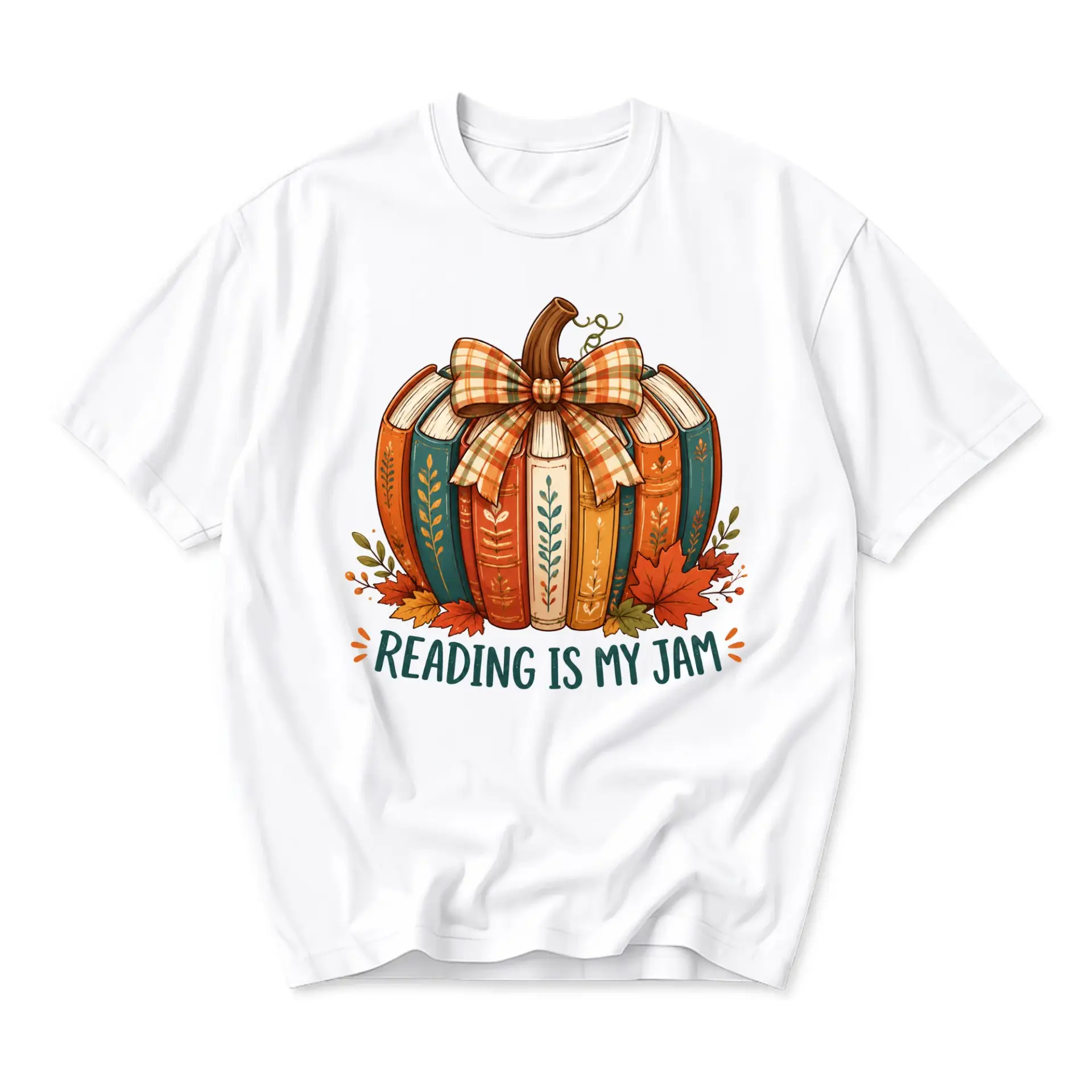 Graphic Tee Reading Is My Jam Pumpkin Book Stack Fall Season Unisex Crew Neck Casual Cotton Blend Short Sleeve Shirt