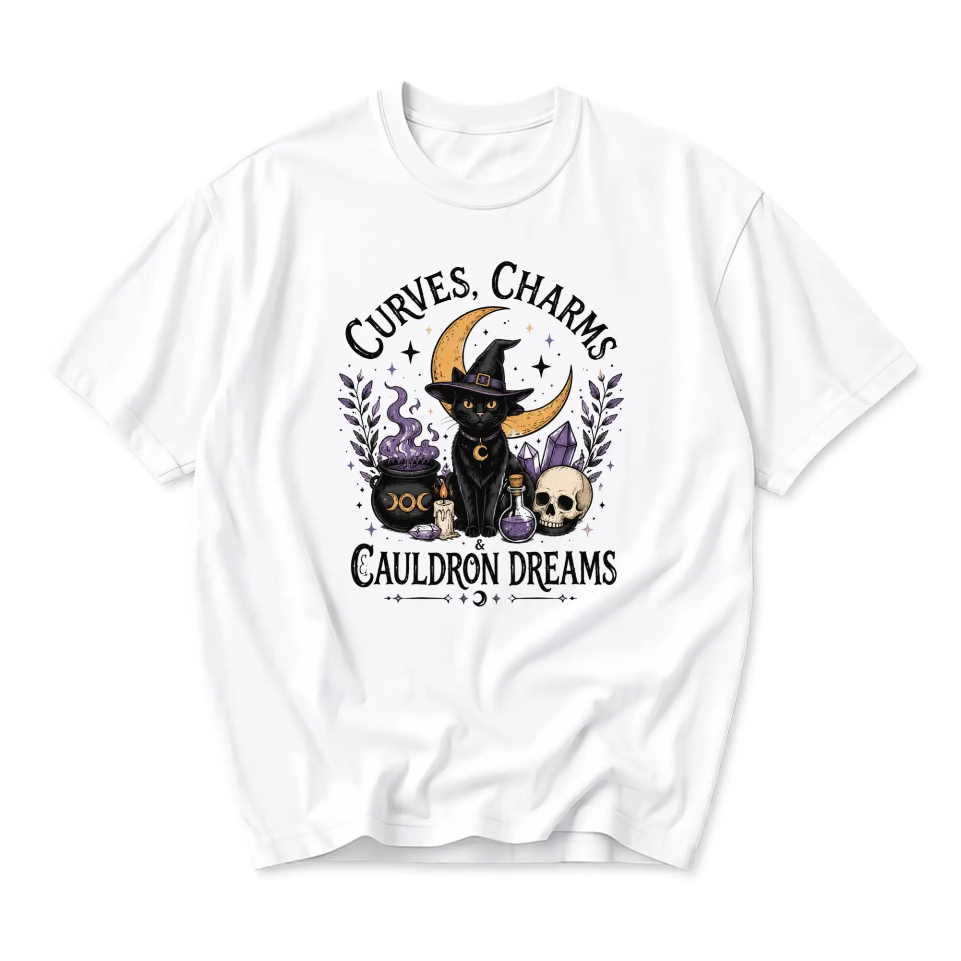 Graphic Tee Curves Charms and Cauldron Dreams Witchy Black Cat Celestial Unisex Crew Neck Casual Everyday Shirt
