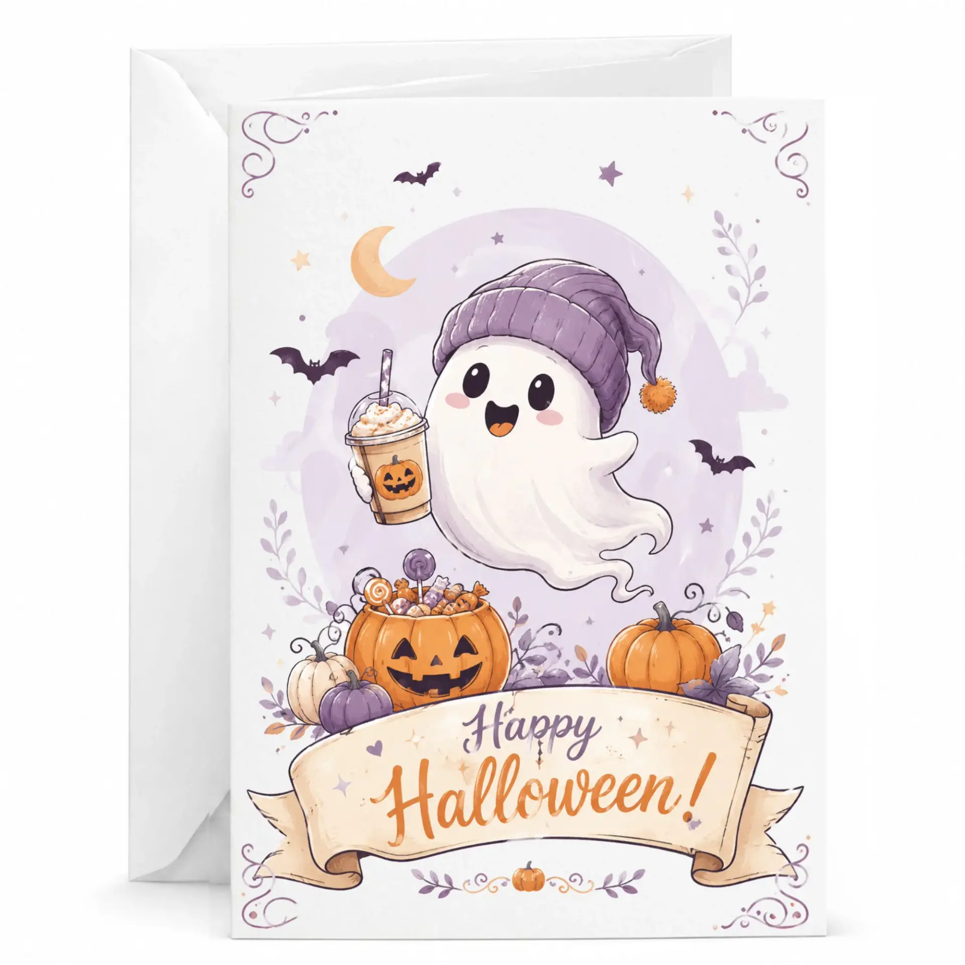 Happy Halloween Greeting Card Featuring Cute with Pumpkin Coffee and Treats Seasonal Holiday Note Stationery