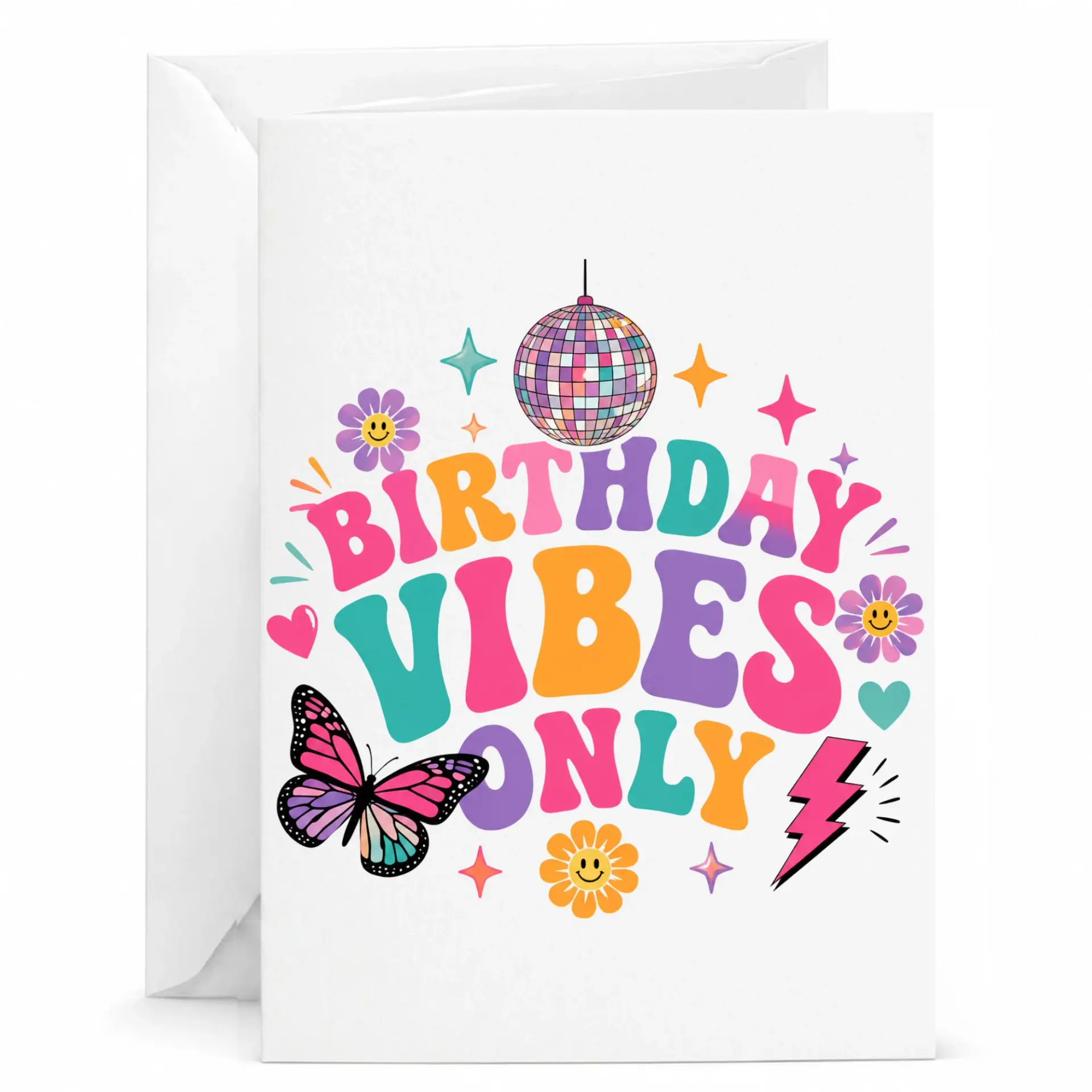 Birthday Card Birthday Vibes Only Retro Disco Ball Theme Printed Greeting Card with Matching White Envelope 5x7 Inches
