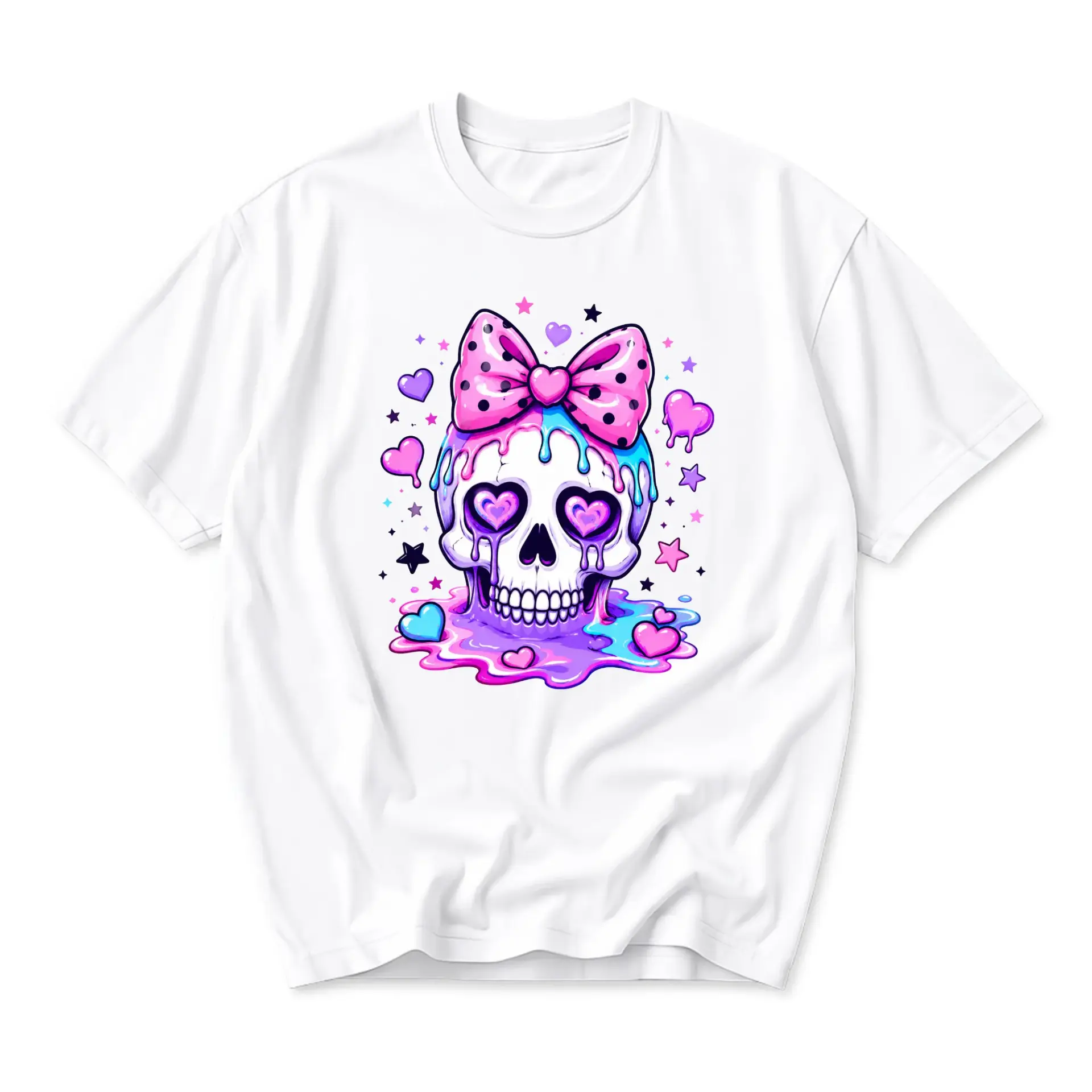 Graphic Tee Skull with Pink Polka Dot Bow Melting Hearts Design Unisex Crew Neck Short Sleeve Cotton Casual Shirt