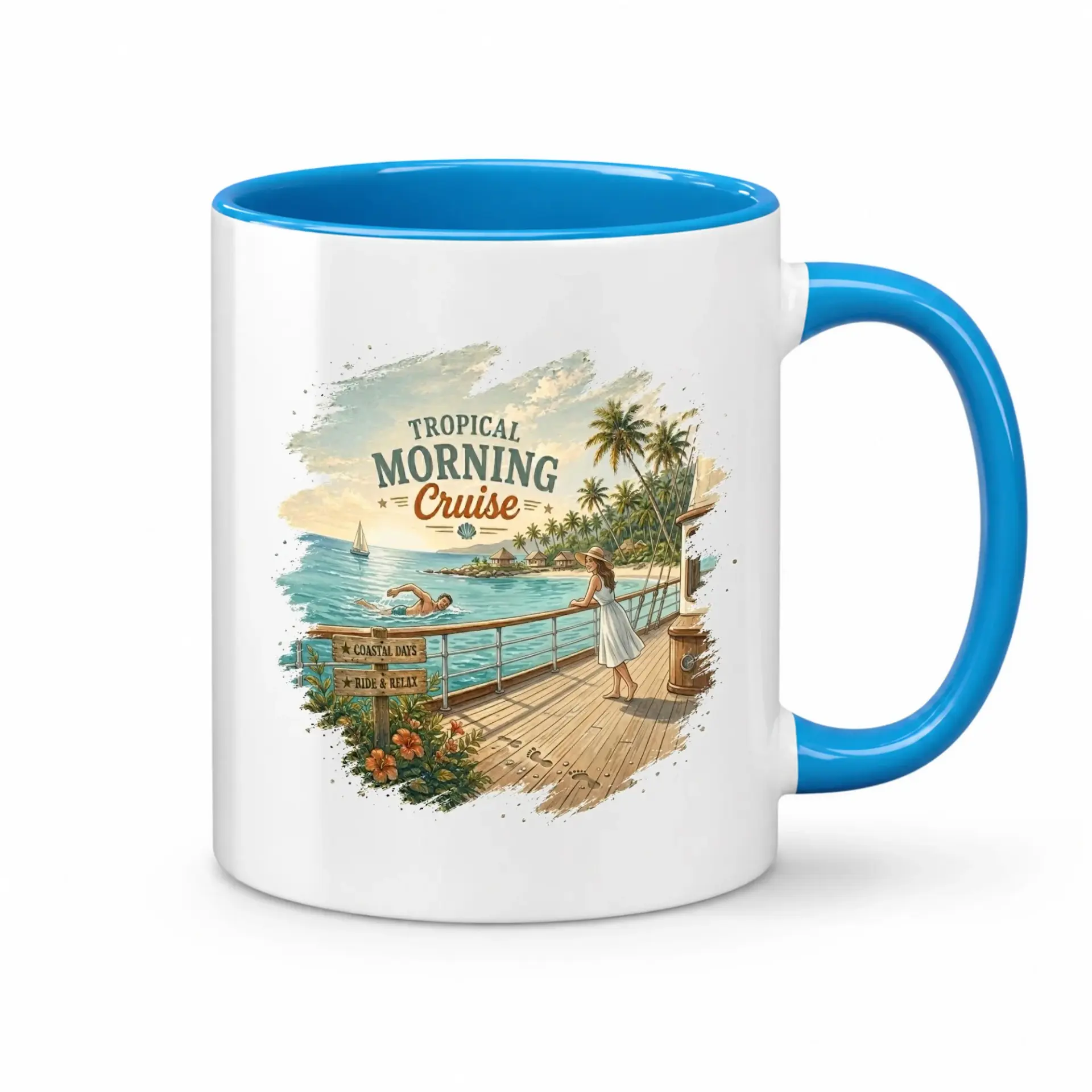 Tropical Morning Cruise Coffee Mug Ceramic Beverage Cup with Vibrant Scenery and Relaxing Island Theme Design