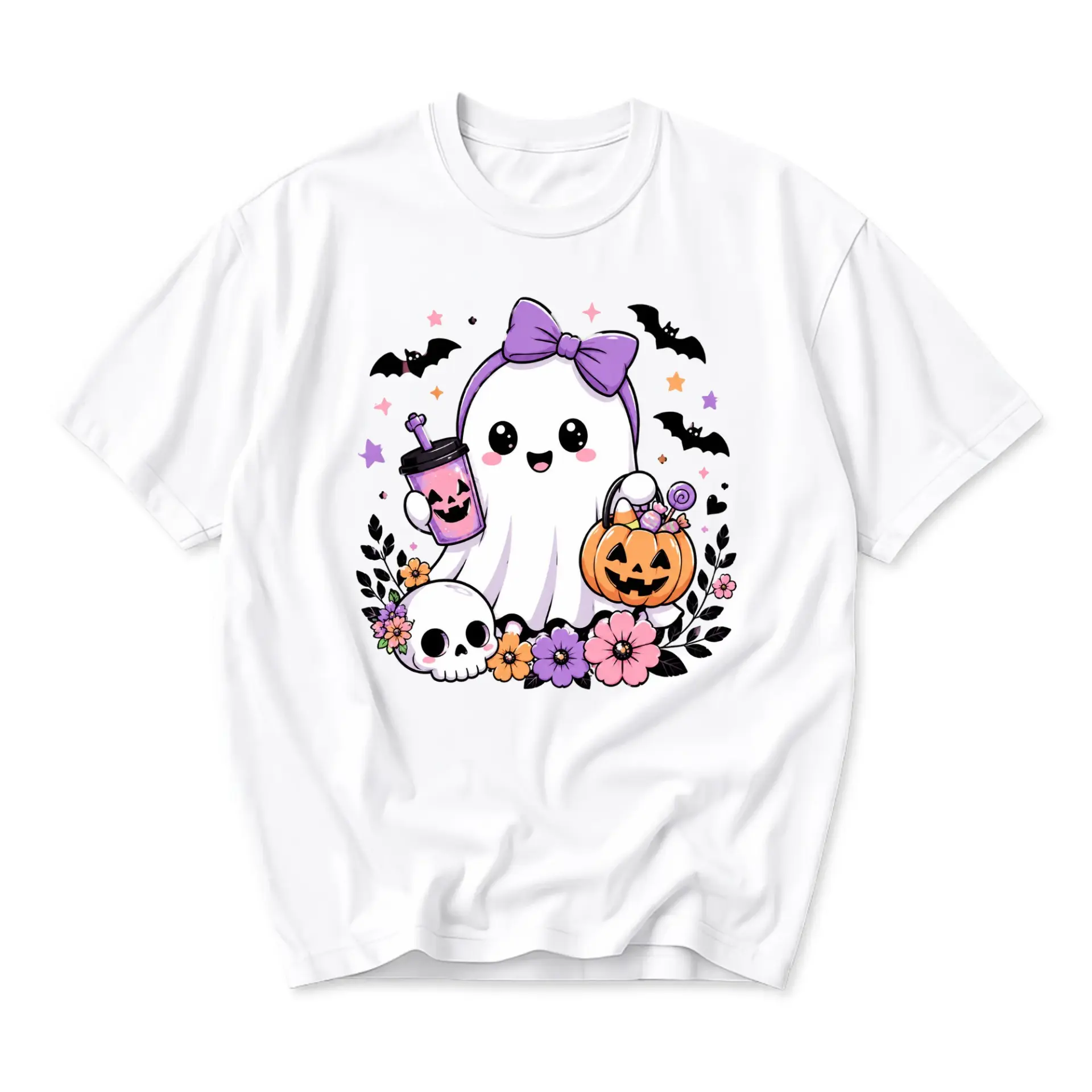 Graphic Tee Cute Ghost Holding Drink and Pumpkin Basket Halloween Style Unisex Crew Neck Casual Cotton Shirt