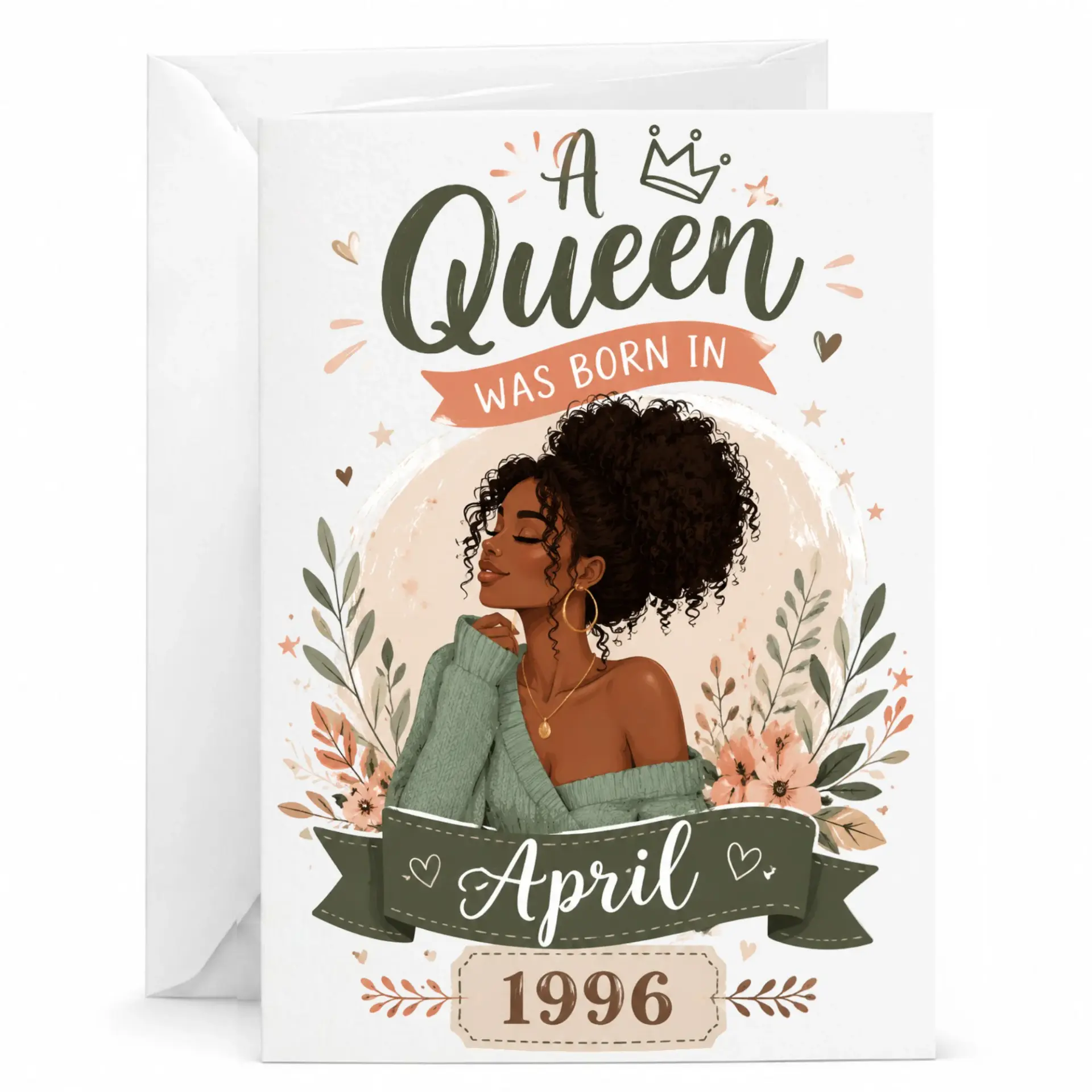 Birthday Card for Women a Queen Was Born in April 1996 Floral Crown Illustration Premium Greeting Card with Envelope