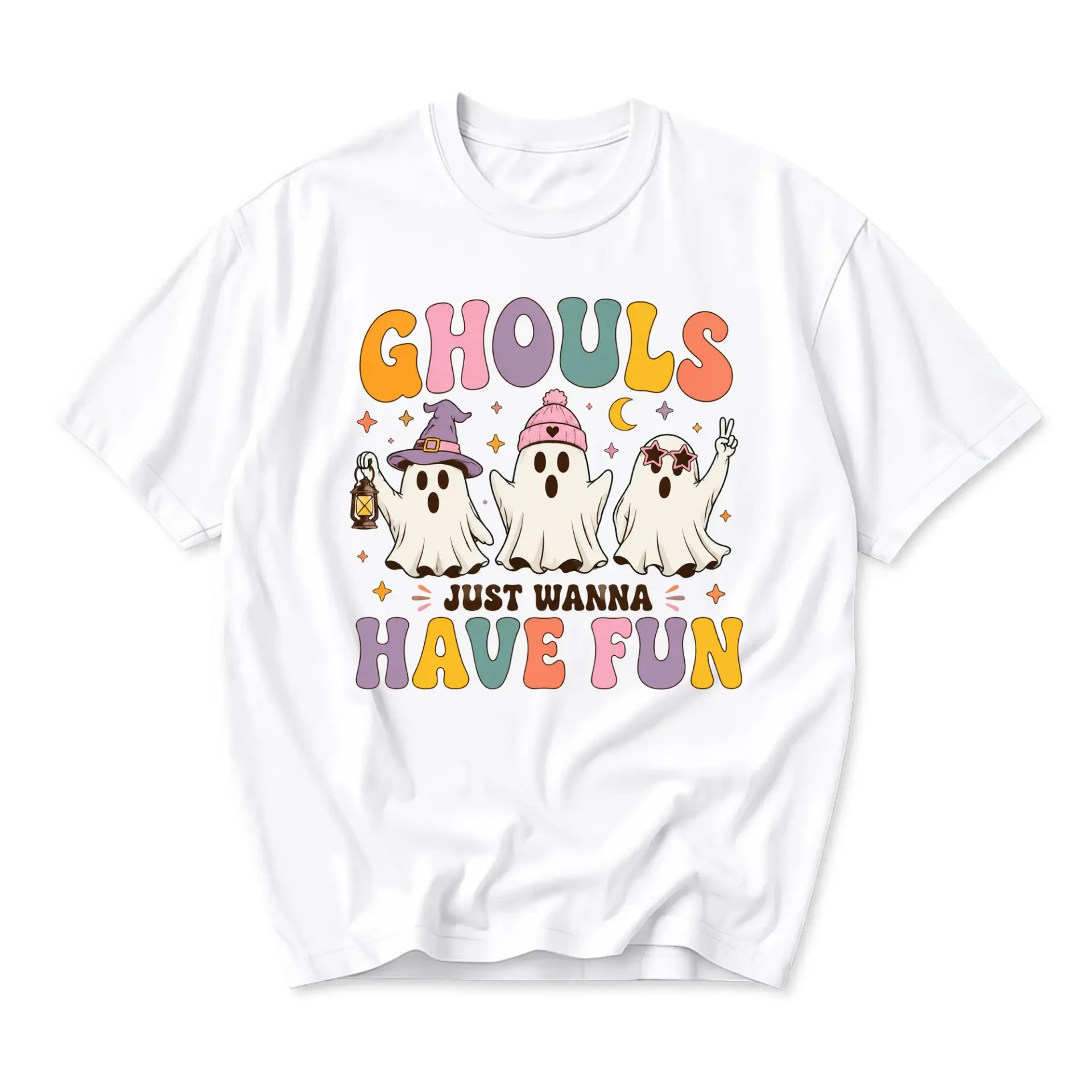 Funny Shirt Ghouls Just Wanna Have Fun Graphic Tee Retro Pastel Ghost Illustration Unisex Casual Crew Neck T-Shirt