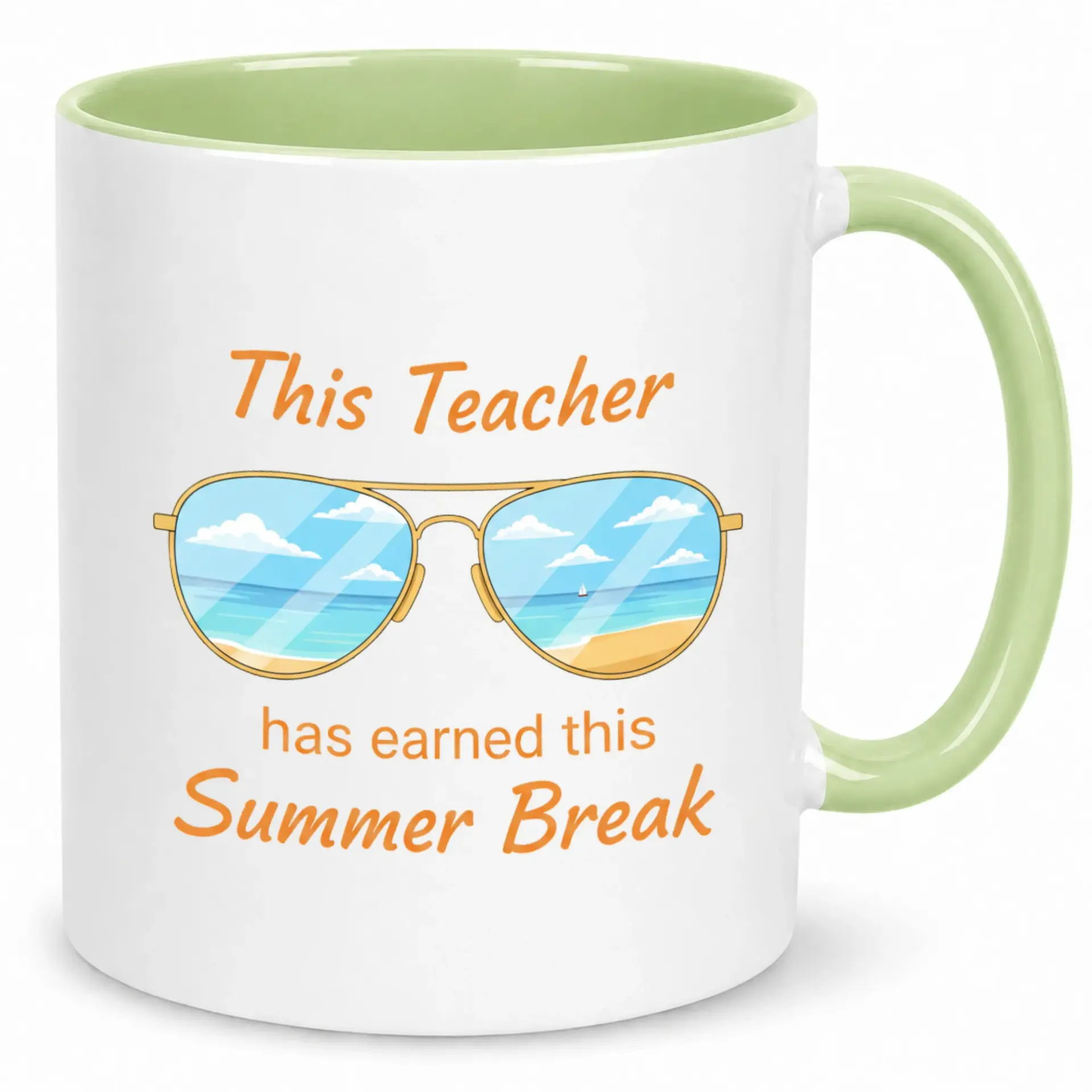 Funny Teacher Summer Break Coffee Mug with Beach Sunglasses Design; End of School Year Vacation Appreciation Ceramic Gift for Educators