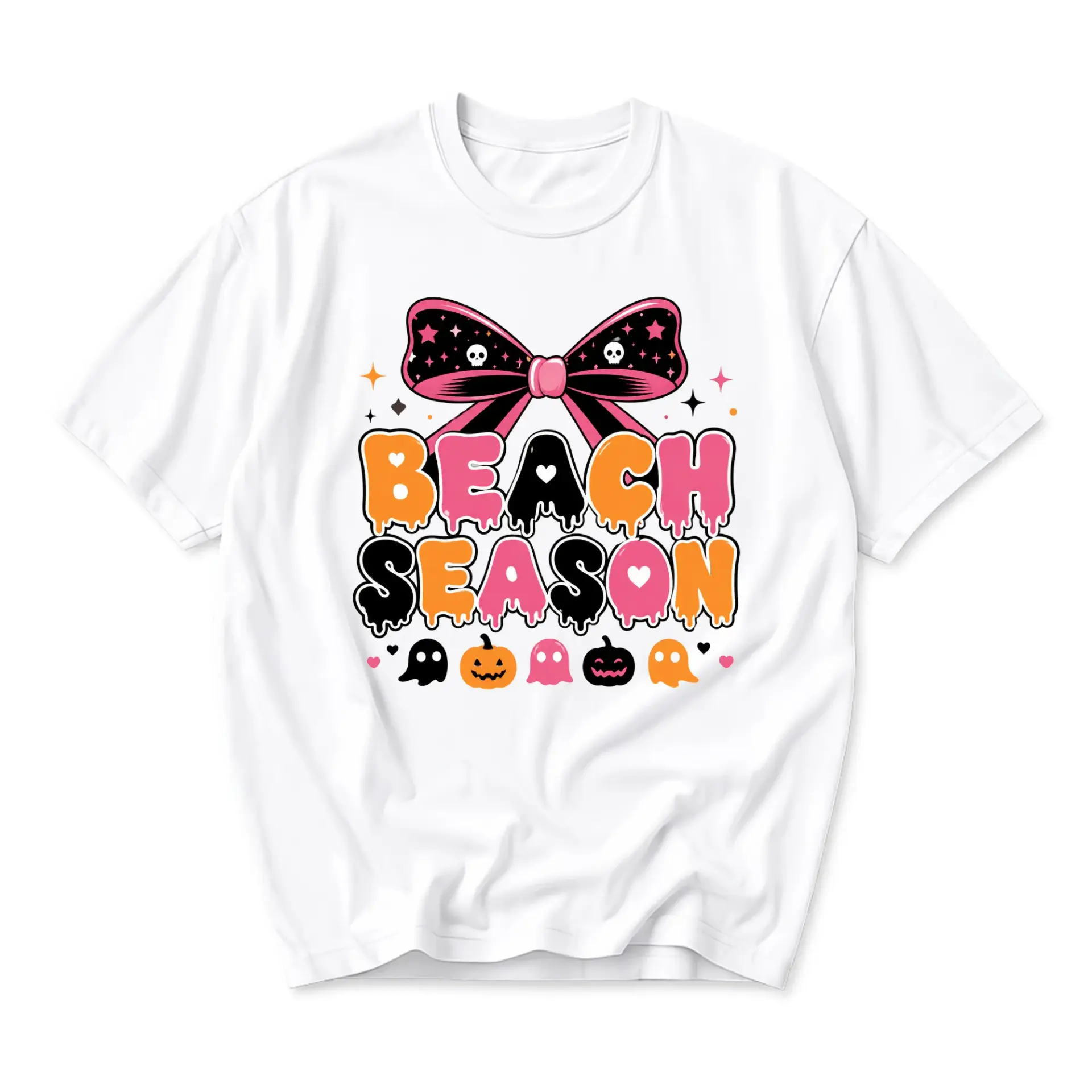 Funny Shirt Beach Season Halloween Graphic Tee Cute Spooky Ghost Pumpkin Bow Print Unisex Casual Crew Neck T-Shirt