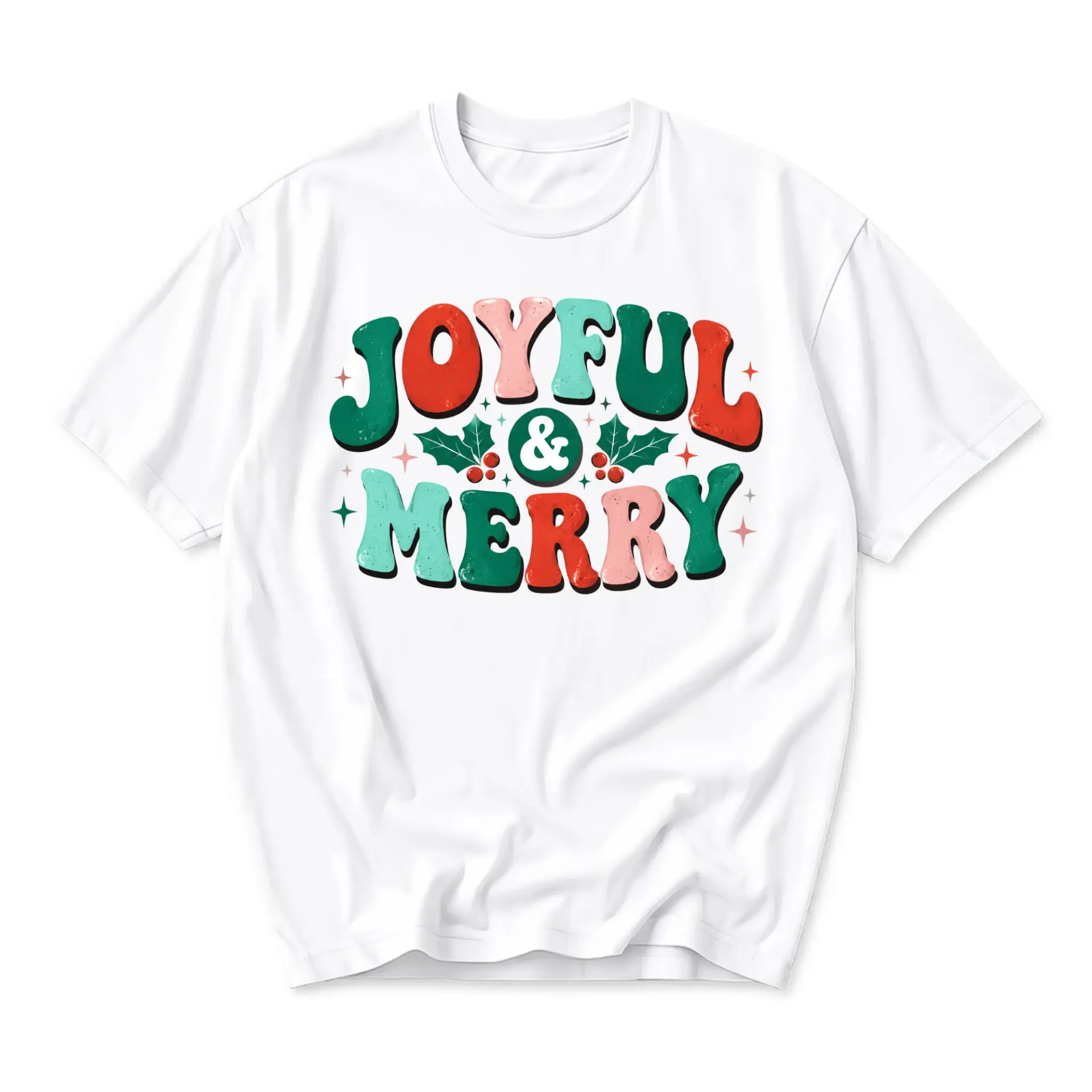 Graphic Tee Joyful and Merry Holiday Season Retro Style Unisex Crew Neck Short Sleeve Soft Cotton Apparel Shirt