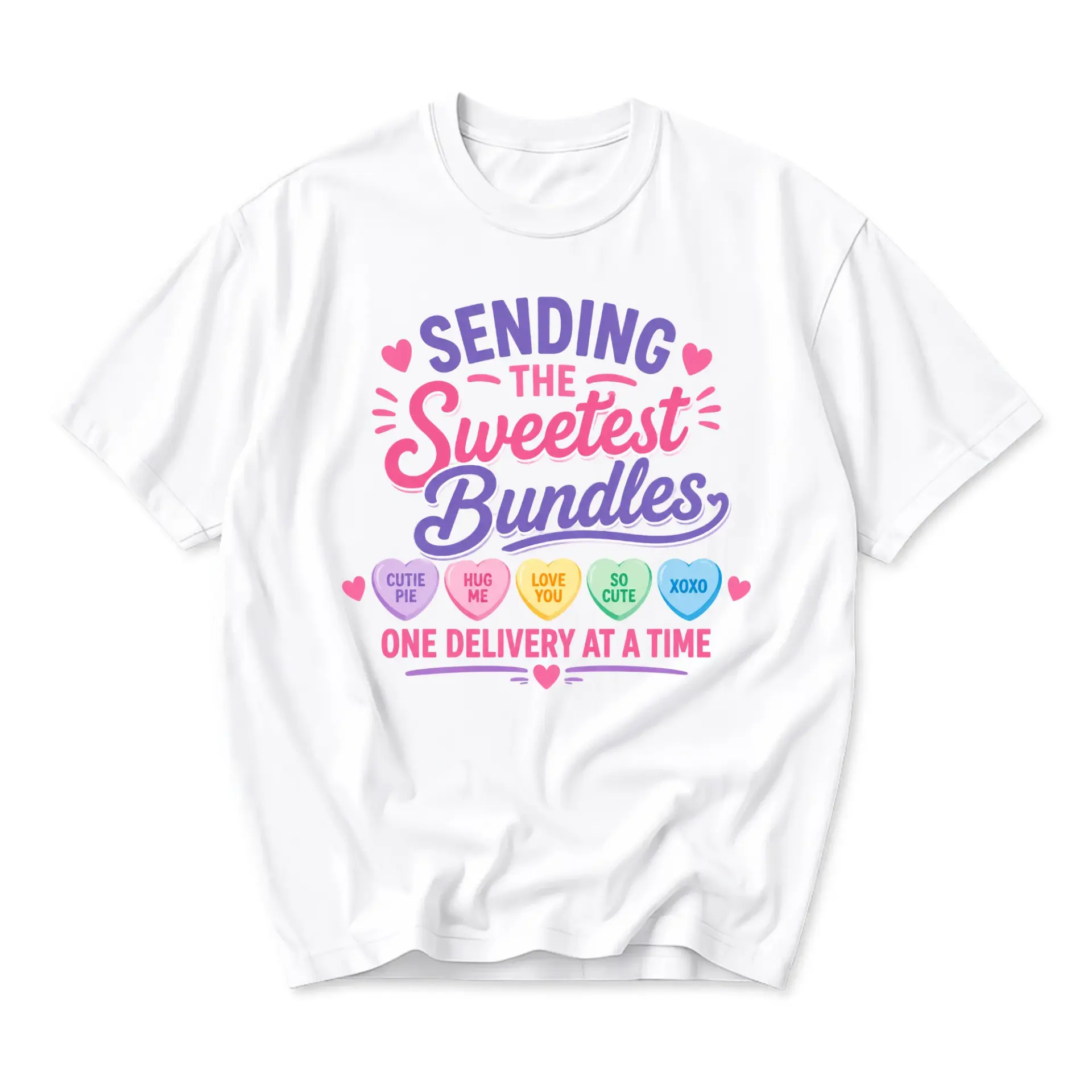 Graphic Tee Sending the Sweetest Bundles Heart Candy Print Casual Unisex Crew Neck Short Sleeve Soft Cotton Shirt