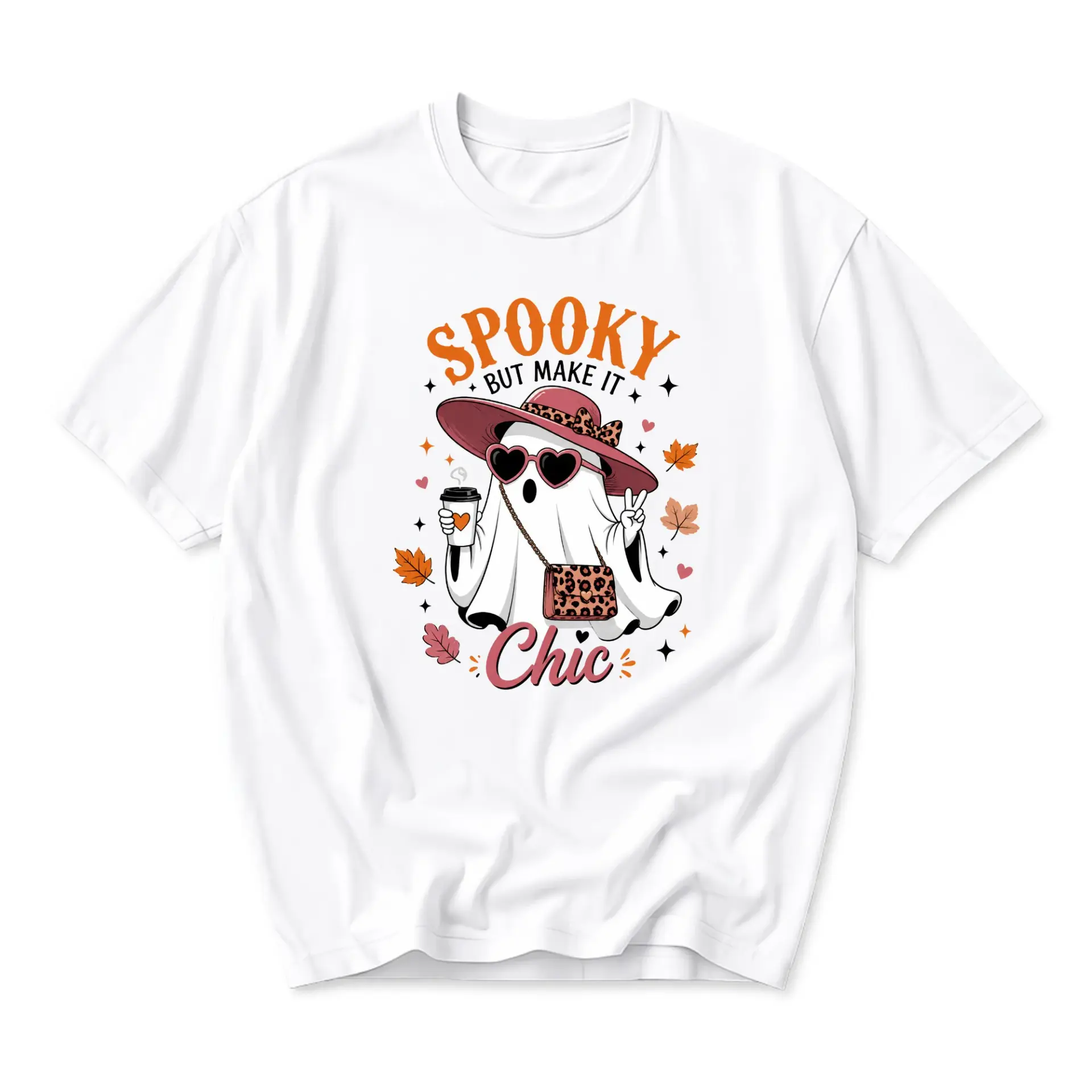 Graphic Tee Spooky but Make It Chic Halloween Ghost T-Shirt Unisex Casual Crew Neck Short Sleeve Shirt for Autumn