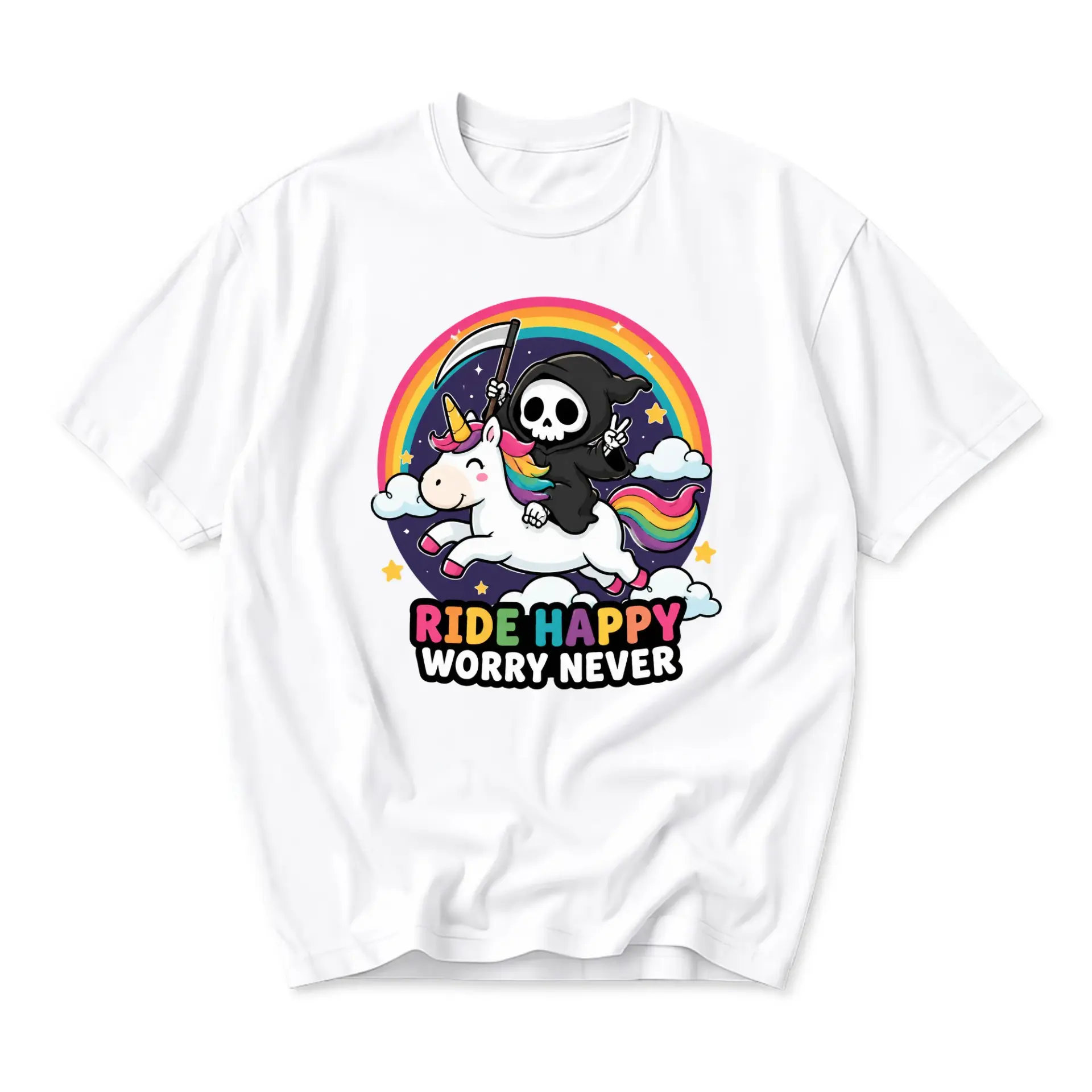 Graphic Tee Unisex Funny Shirt Featuring Grim Reaper Riding a Magical Rainbow Unicorn Artistic Print Apparel