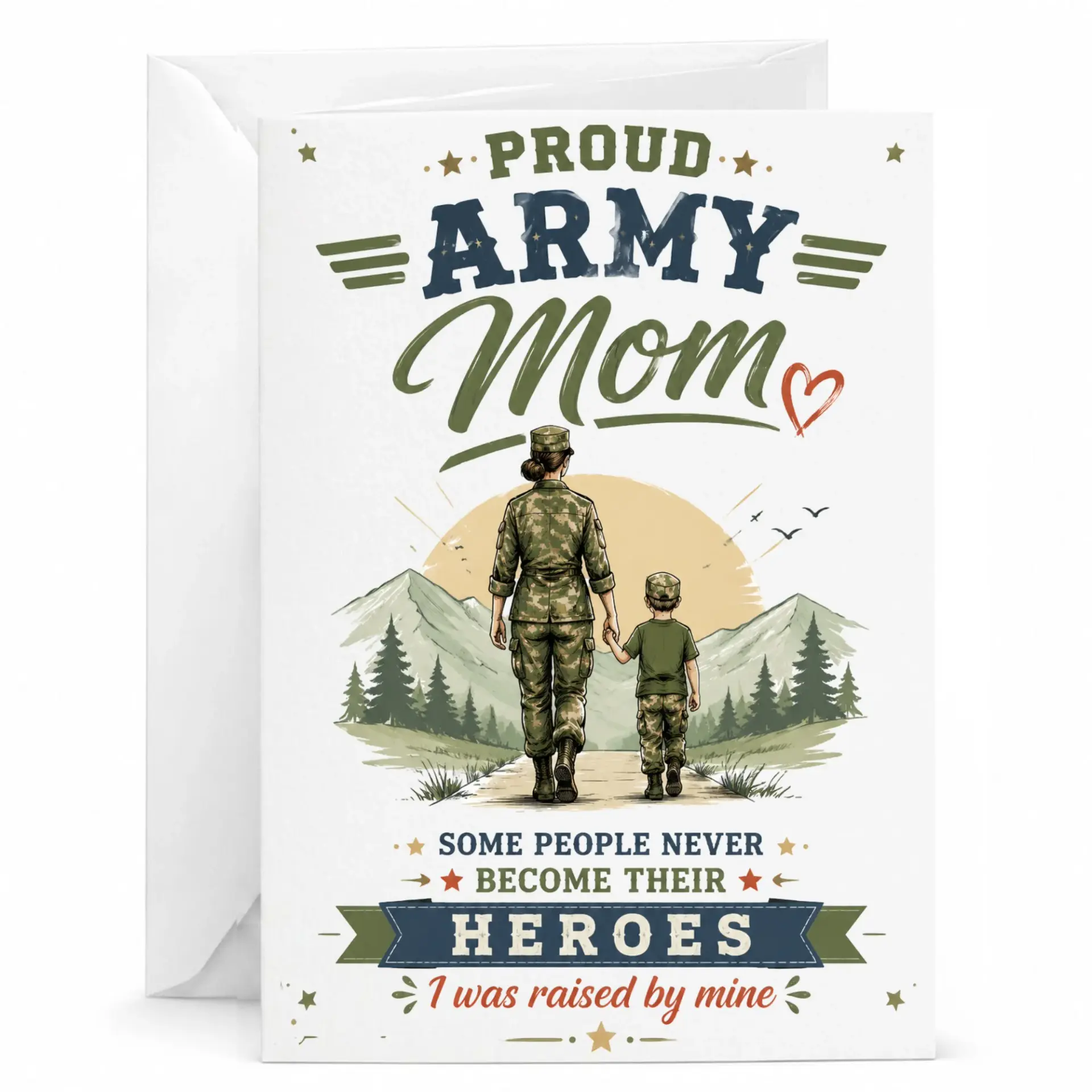 Greeting Card Proud Army Mom Patriotic Support Message with Soldier Illustration for Military Family Appreciation